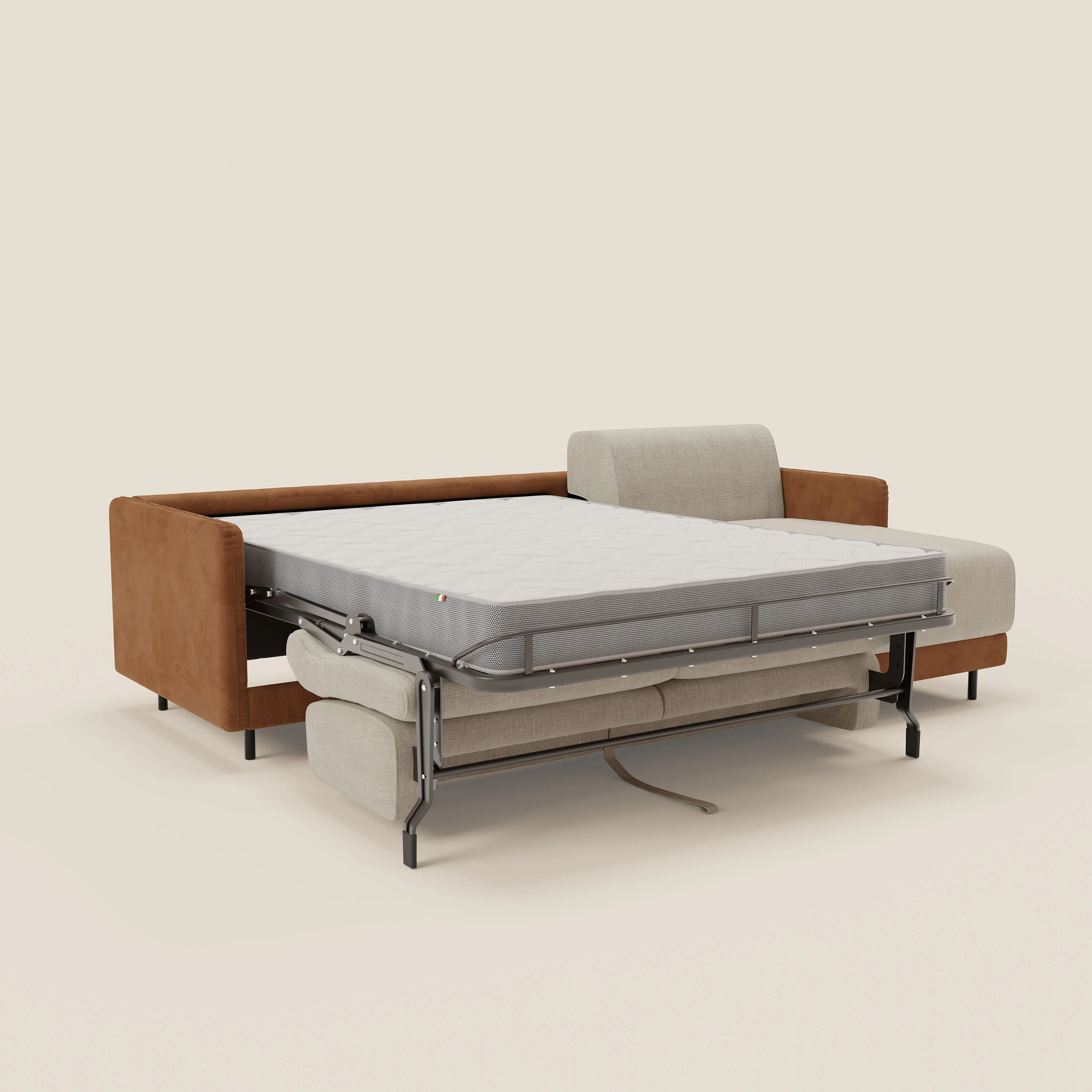 Narciso canapé d'angle convertible avec matelas H18 cm et chaise longue coffre en tissu bicouleur T11 et T06 cuir - crème - Image 11