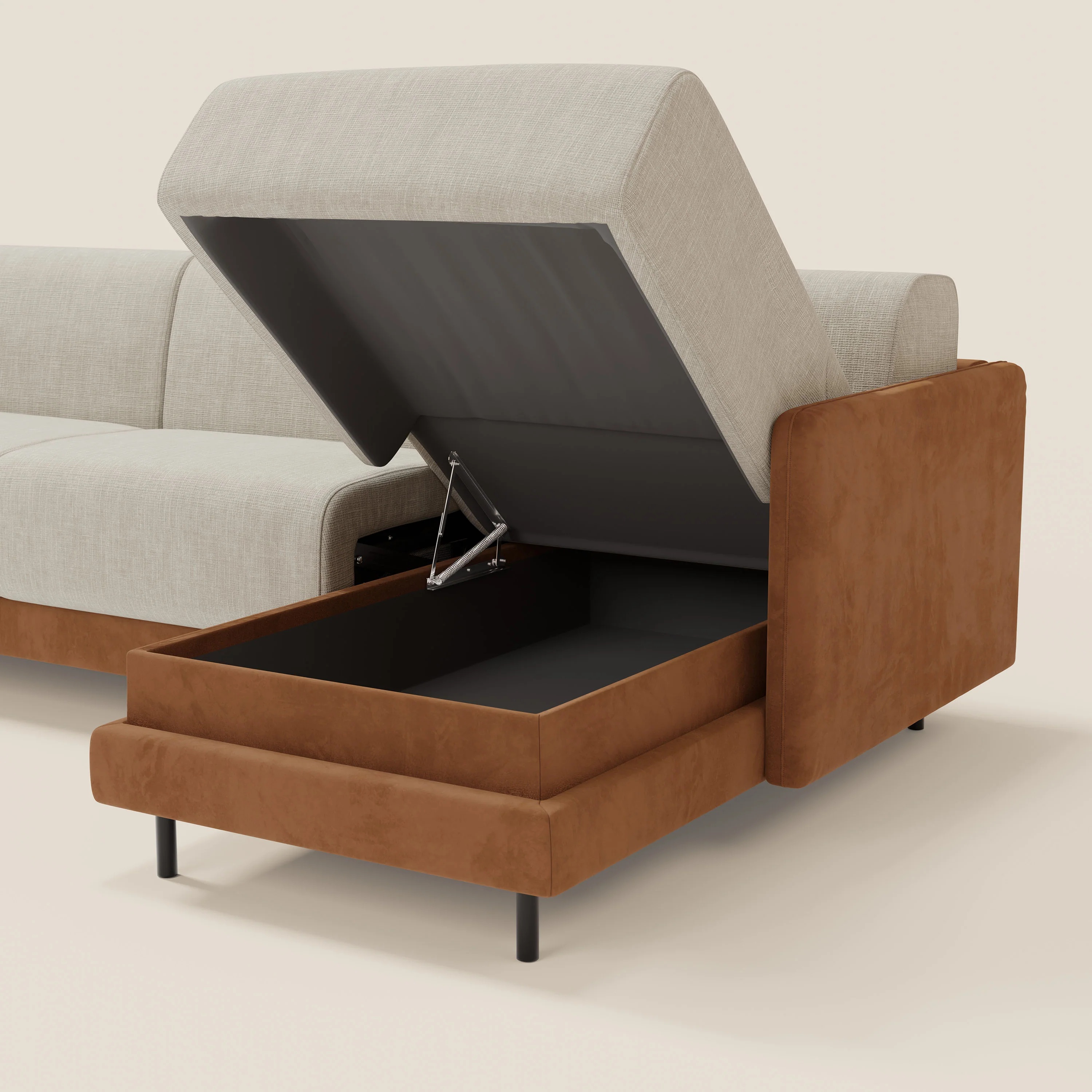 Narciso canapé d'angle convertible avec matelas H18 cm et chaise longue coffre en tissu bicouleur T11 et T06 cuir - crème - Image 5