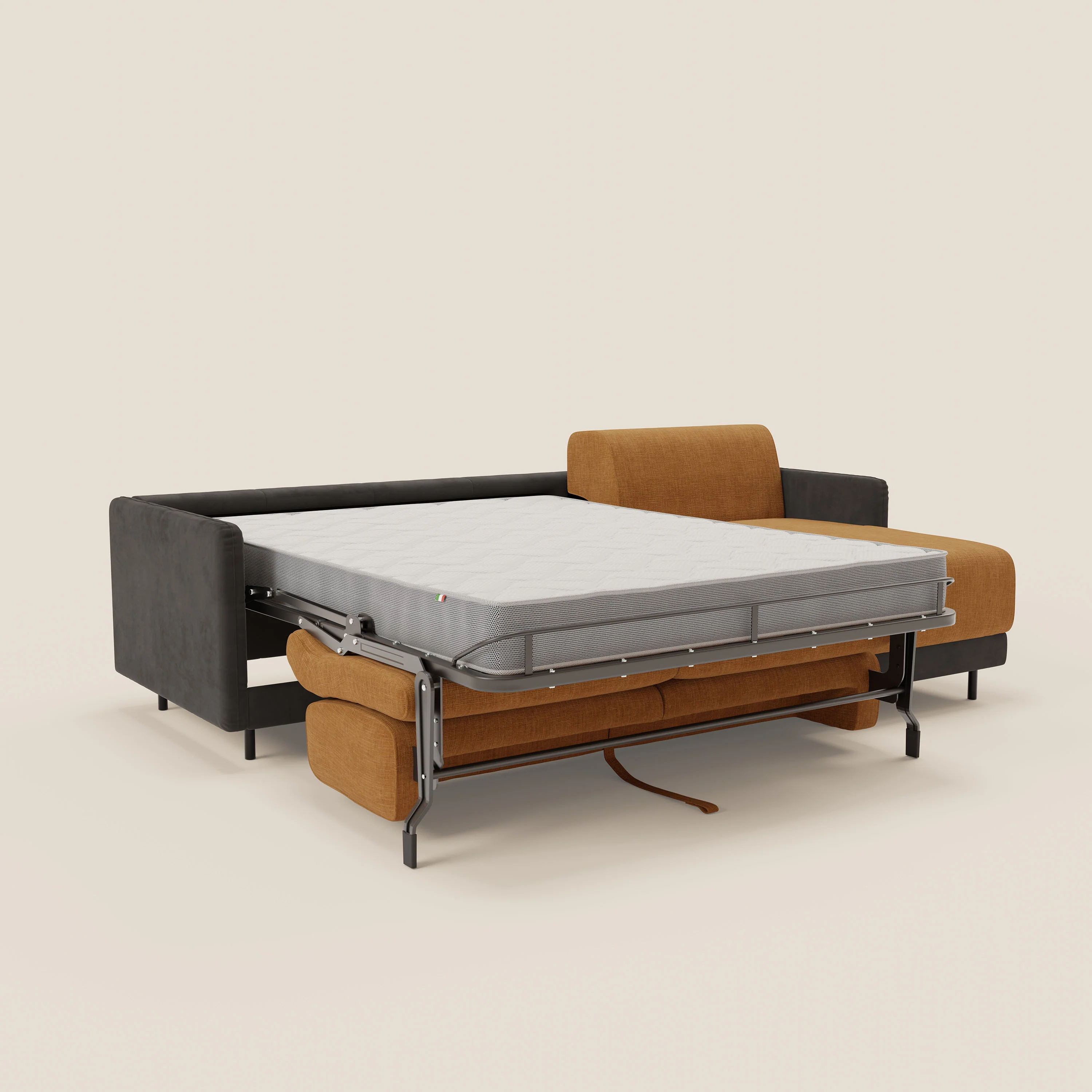 Narciso canapé d'angle convertible avec matelas H18 cm et chaise longue coffre en tissu bicouleur T11 et T06 noir - ocre - Image 2