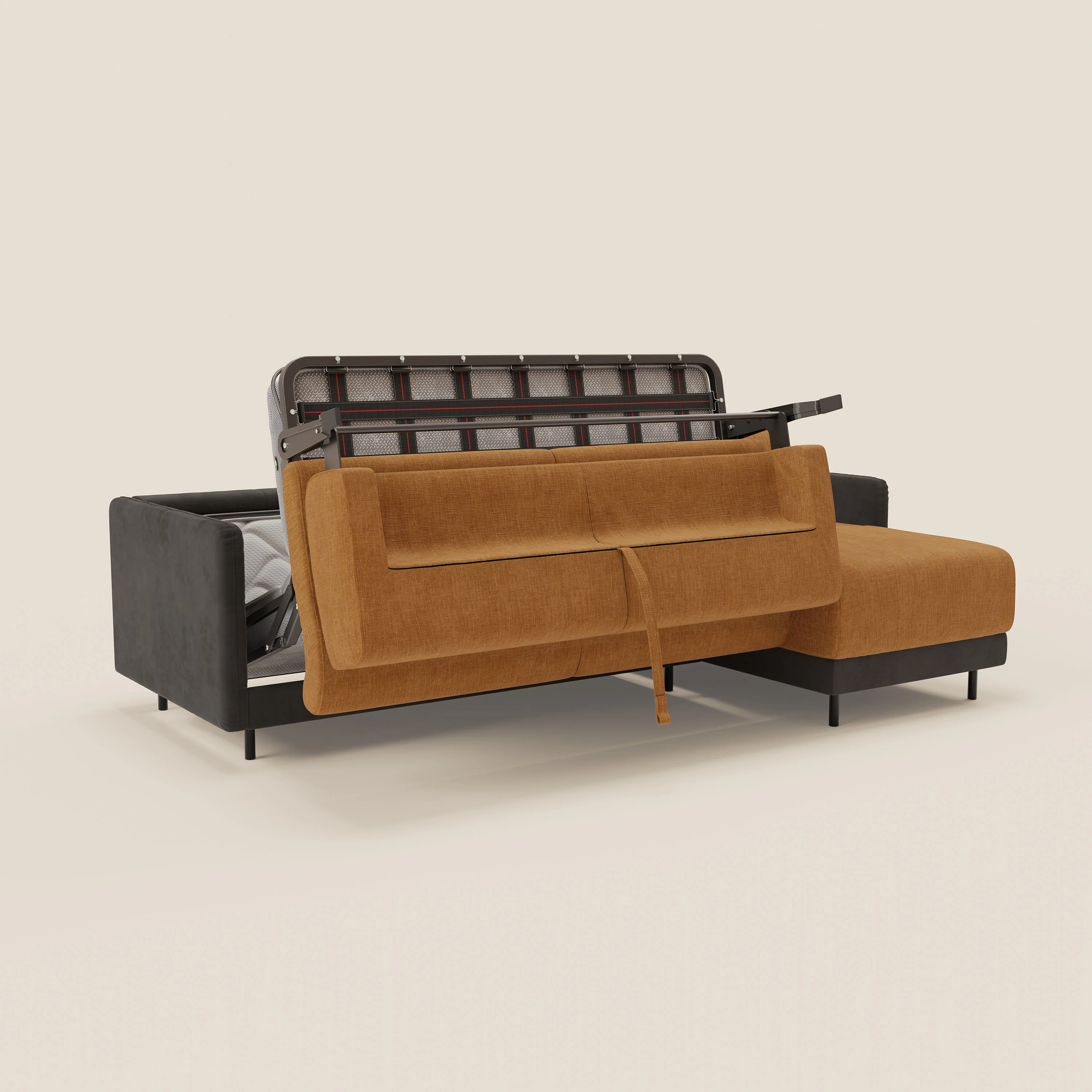 Narciso canapé d'angle convertible avec matelas H18 cm et chaise longue coffre en tissu bicouleur T11 et T06 noir - ocre - Image 3