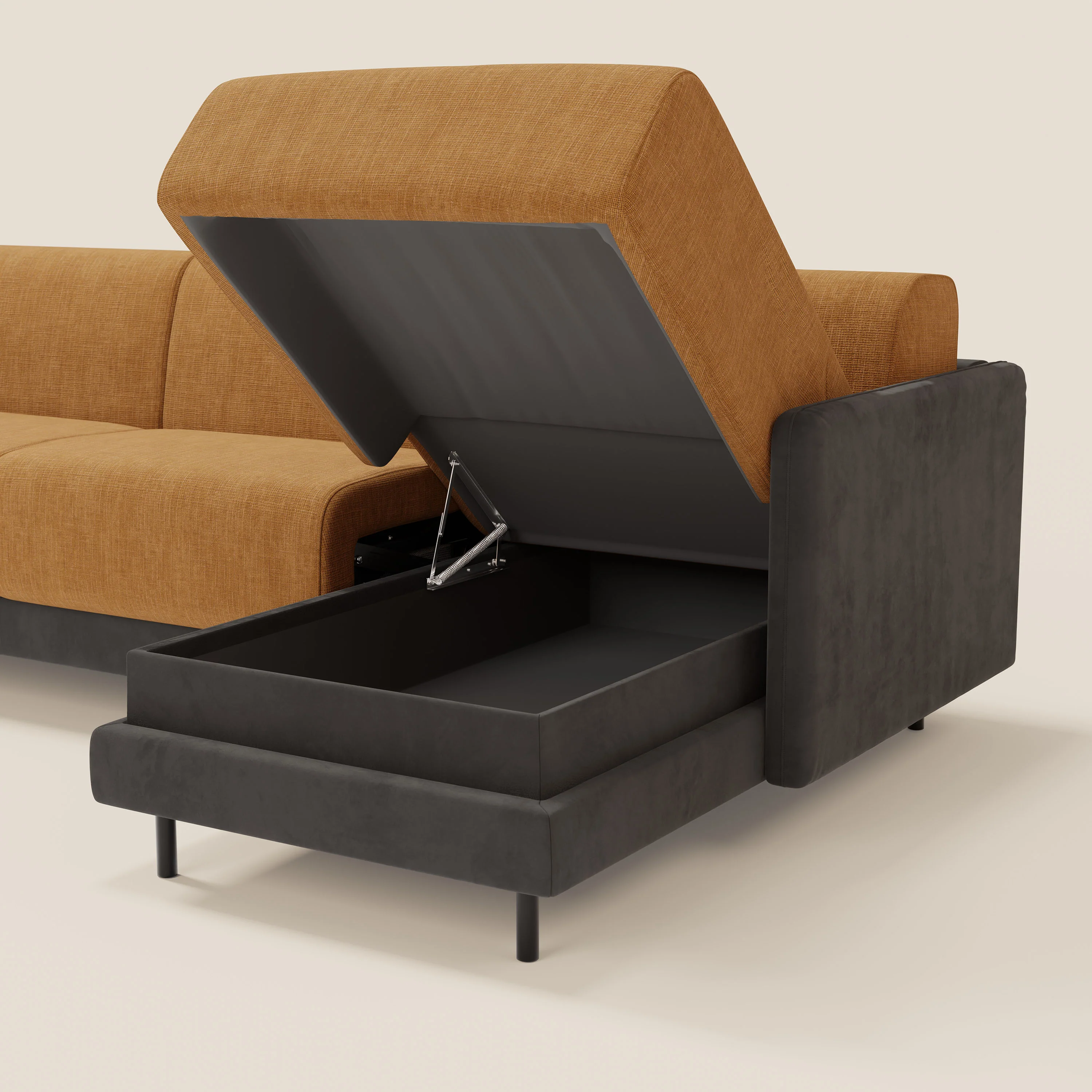 Narciso canapé d'angle convertible avec matelas H18 cm et chaise longue coffre en tissu bicouleur T11 et T06 noir - ocre - Image 8