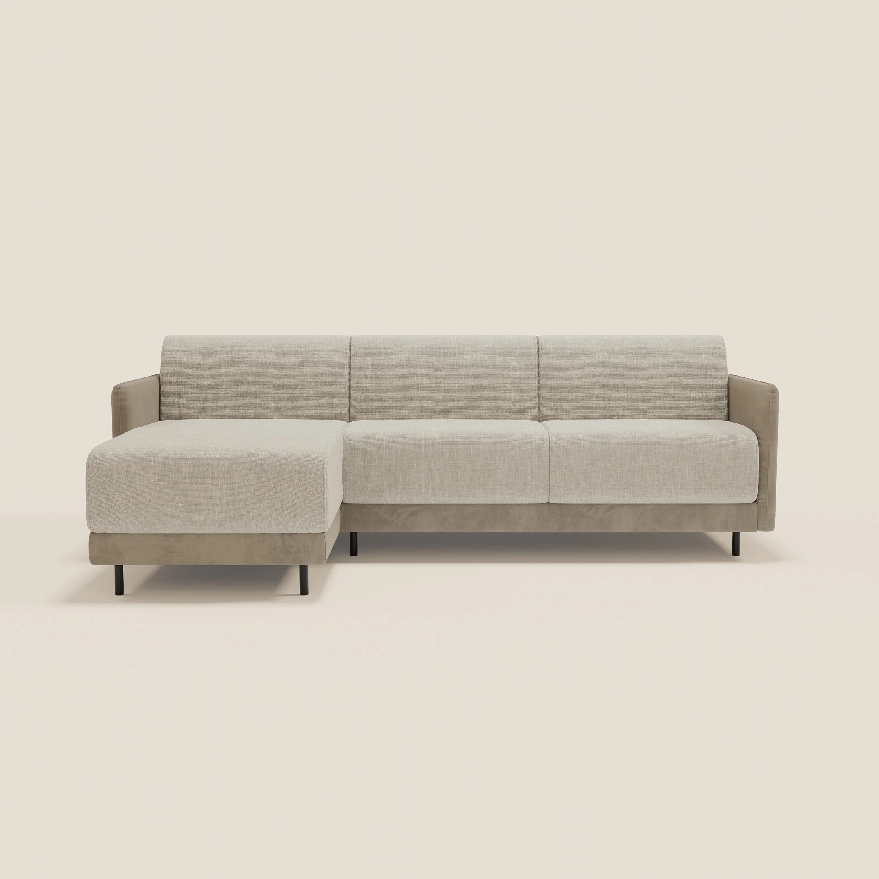 Narciso canapé d'angle convertible avec matelas H18 cm et chaise longue coffre en tissu bicouleur T11 et T06 taupe - crème - Image 12