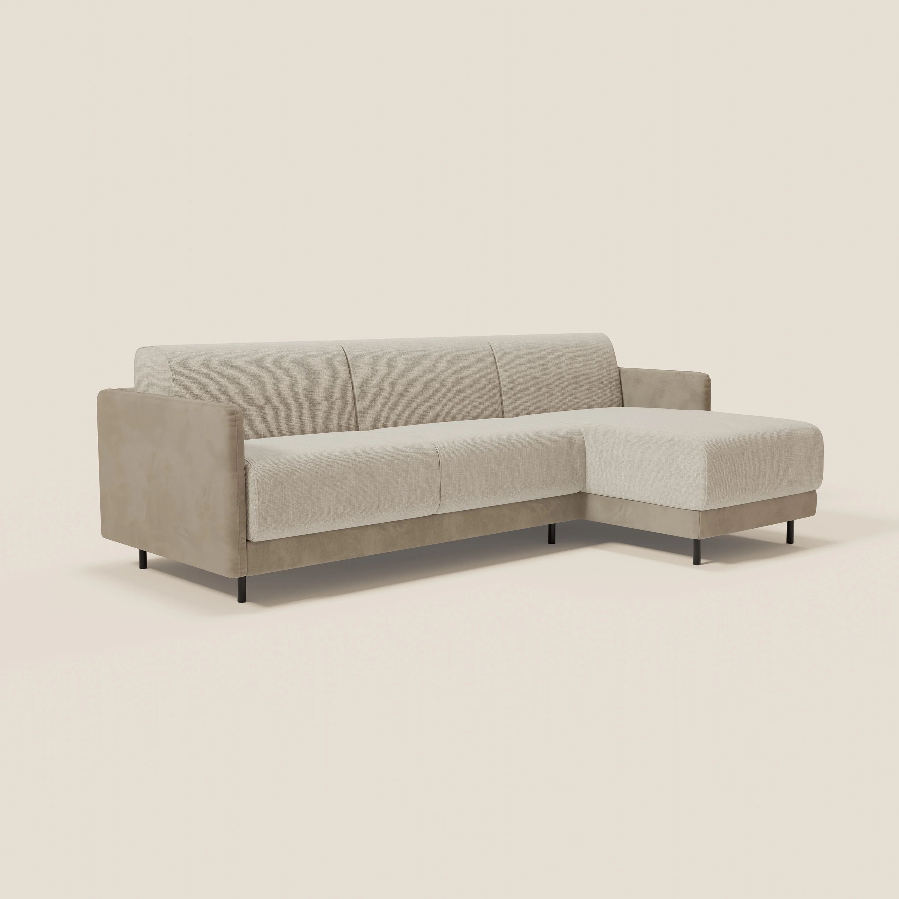 Narciso canapé d'angle convertible avec matelas H18 cm et chaise longue coffre en tissu bicouleur T11 et T06 taupe - crème - Image 3