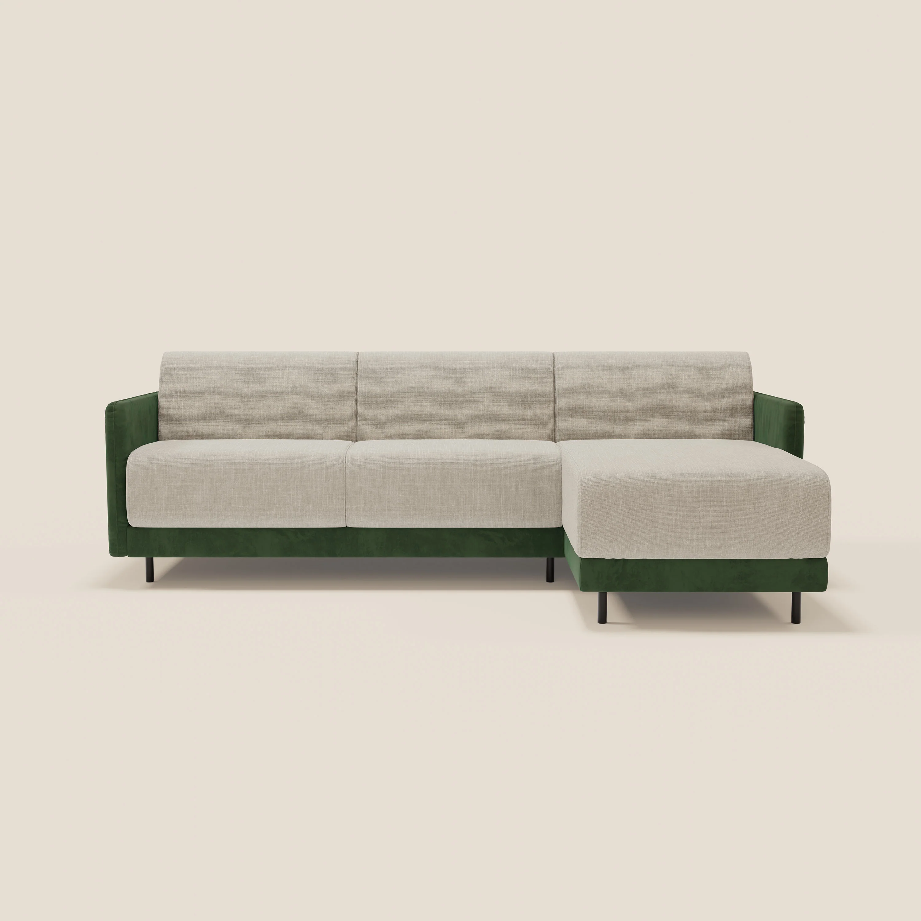 Narciso canapé d'angle convertible avec matelas H18 cm et chaise longue coffre en tissu bicouleur T11 et T06 vert - crème