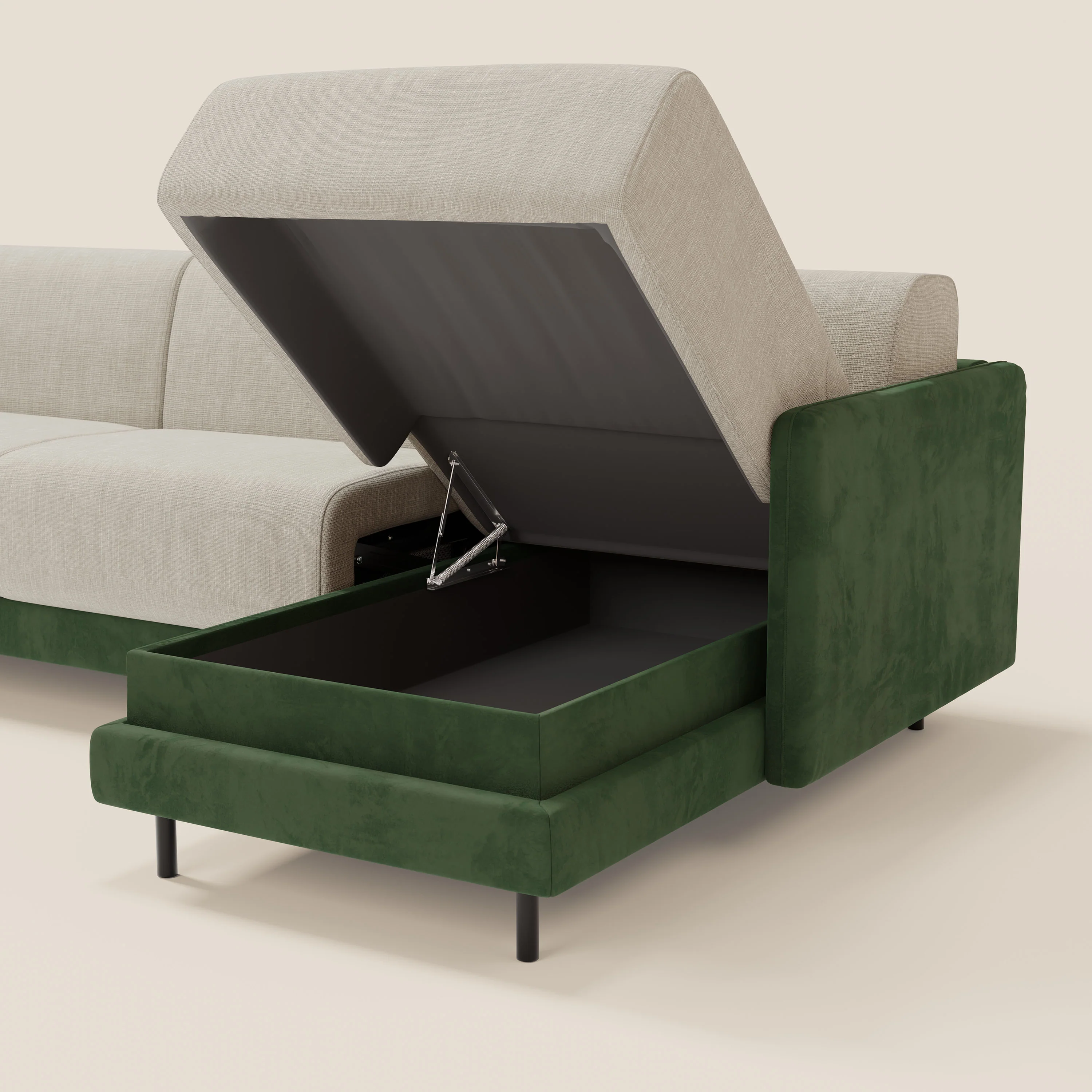 Narciso canapé d'angle convertible avec matelas H18 cm et chaise longue coffre en tissu bicouleur T11 et T06 vert - crème - Image 5