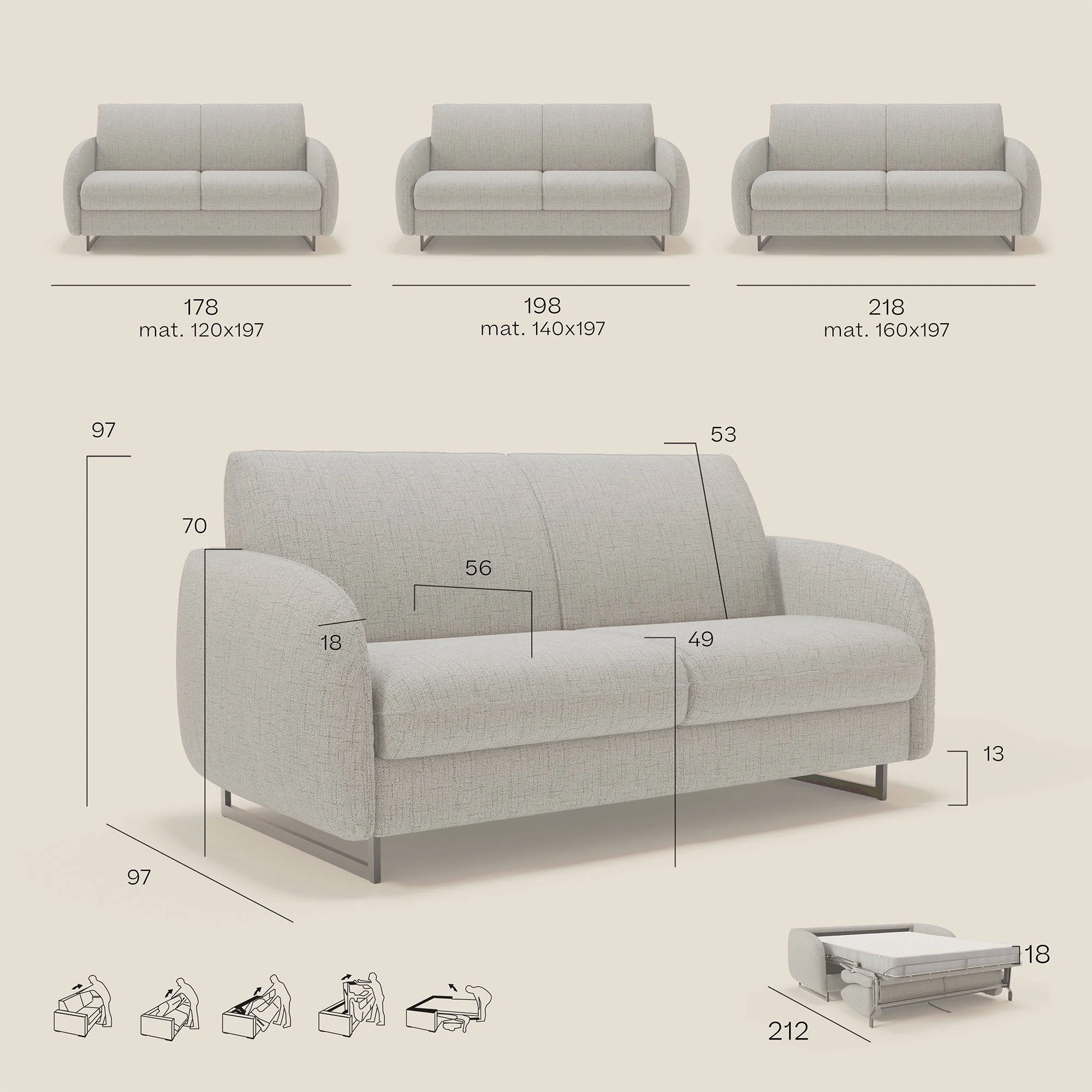 Ninfea Canapé convertible de design avec pieds hauts en métal et matelas H18 cm en tissu imperméable T03 anthracite - Image 13