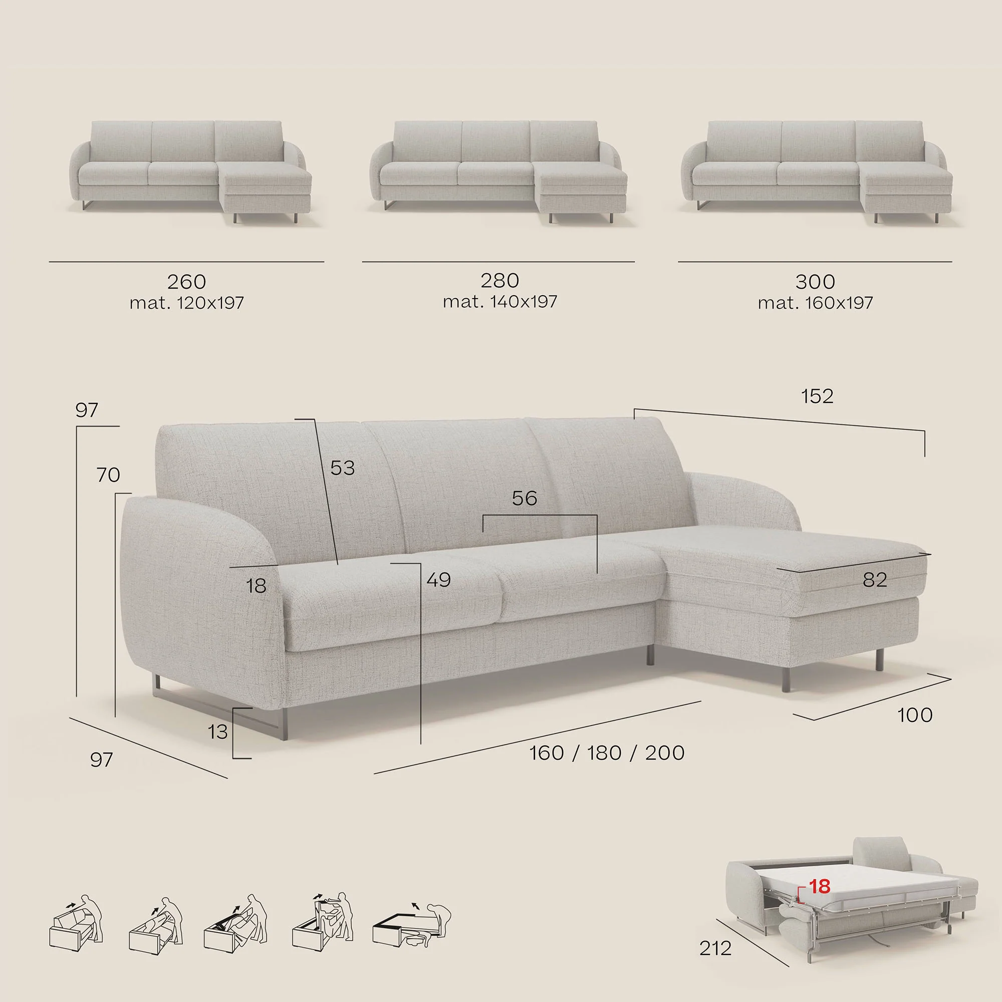 Ninfea Canapé d'angle convertible avec chaise longue coffre, matelas H18 cm et pieds en métal en tissu imperméable T03 anthracite - Image 14