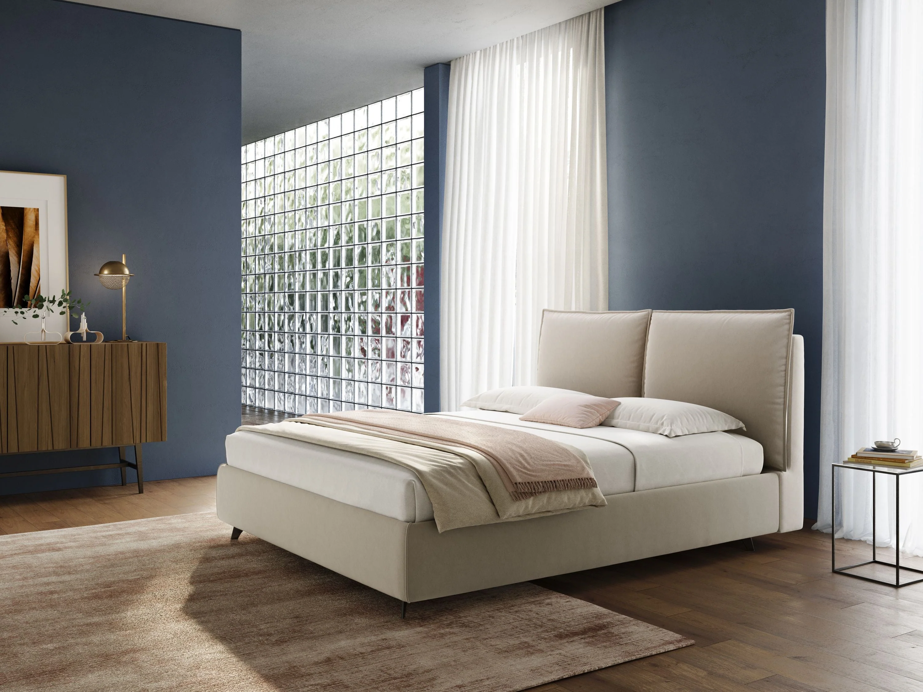 Nives lit rembourré avec coffre déhoussable en microfibre velours imperméable T09 beige - Image 2