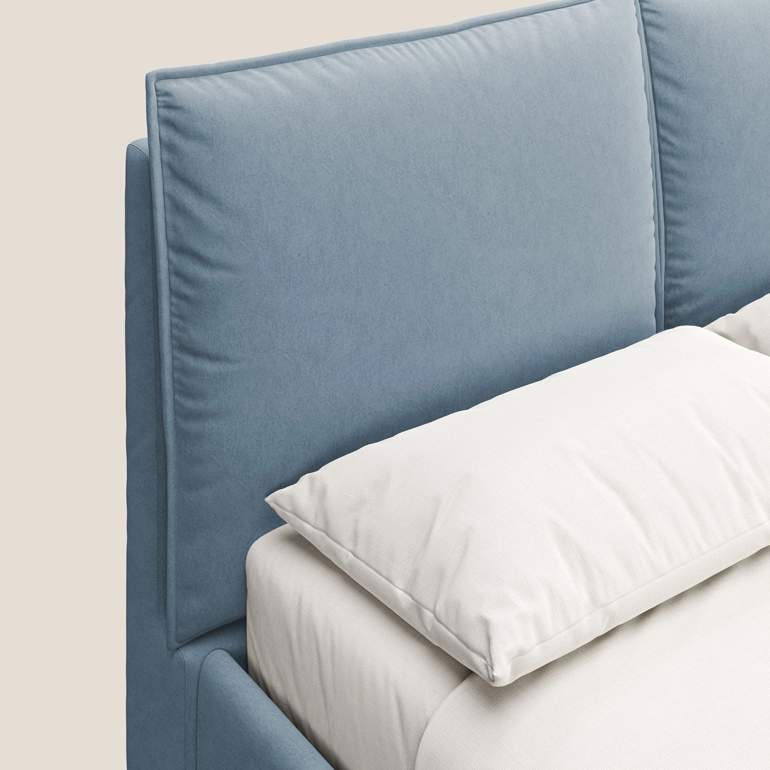 Nives lit rembourré avec coffre déhoussable en microfibre velours imperméable T09 bleu gris - Image 7