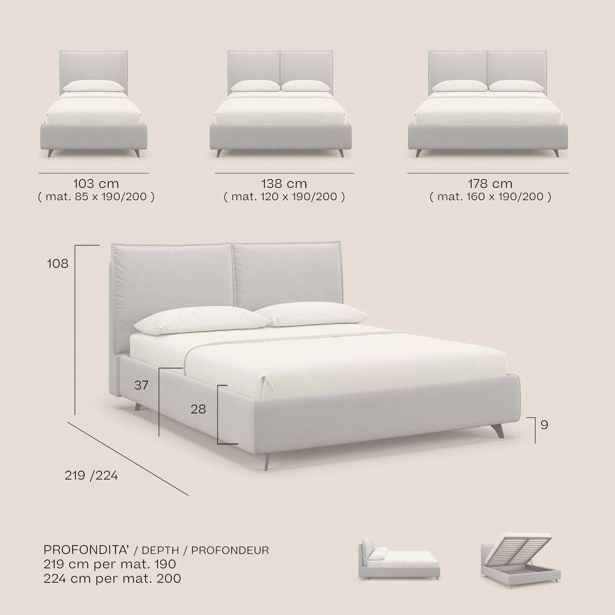 Nives lit rembourré avec coffre déhoussable en microfibre velours imperméable T09 gris - Image 9