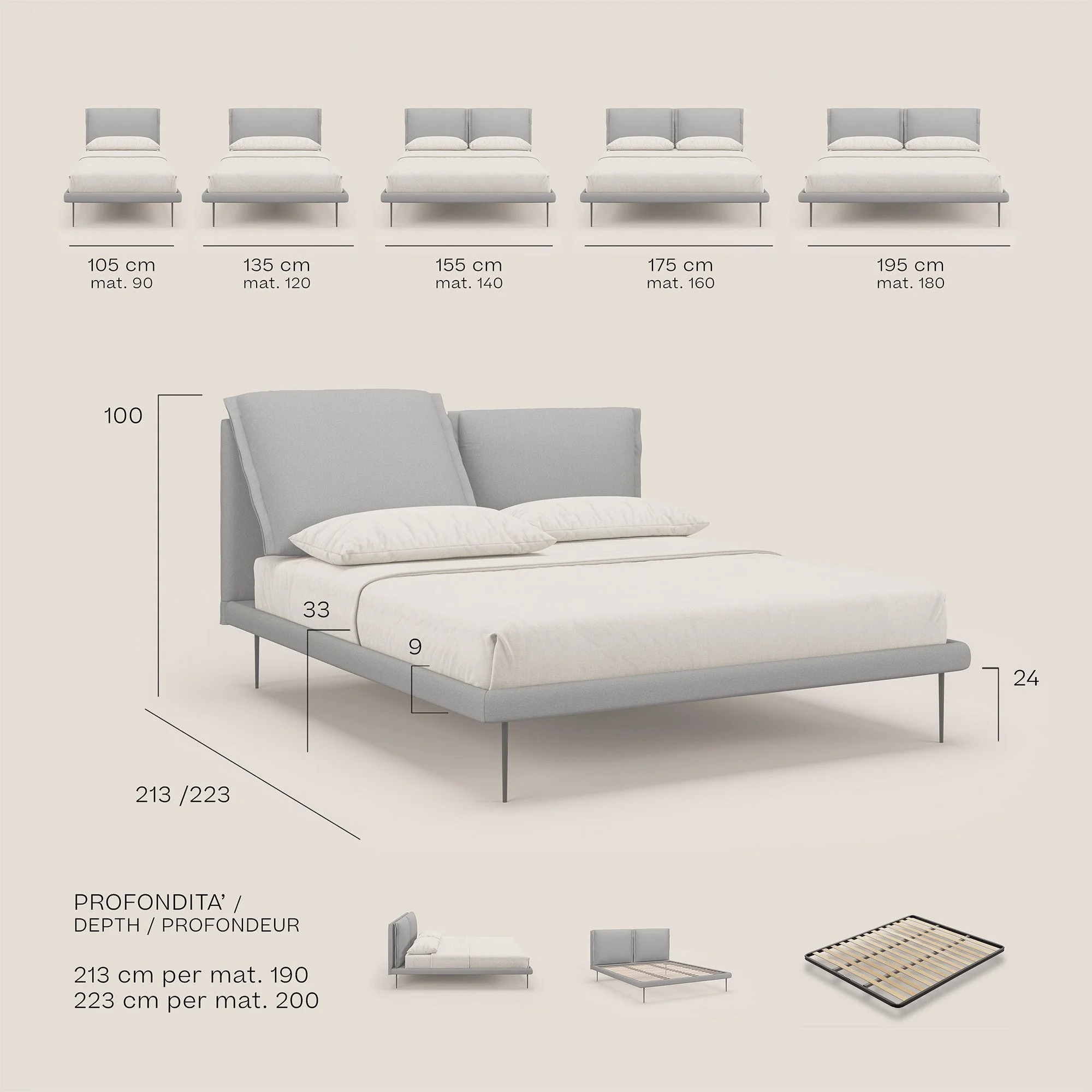 Noah lit avec coussins réglables et pieds hauts en métal en tissu détachable T05 gris - Image 11