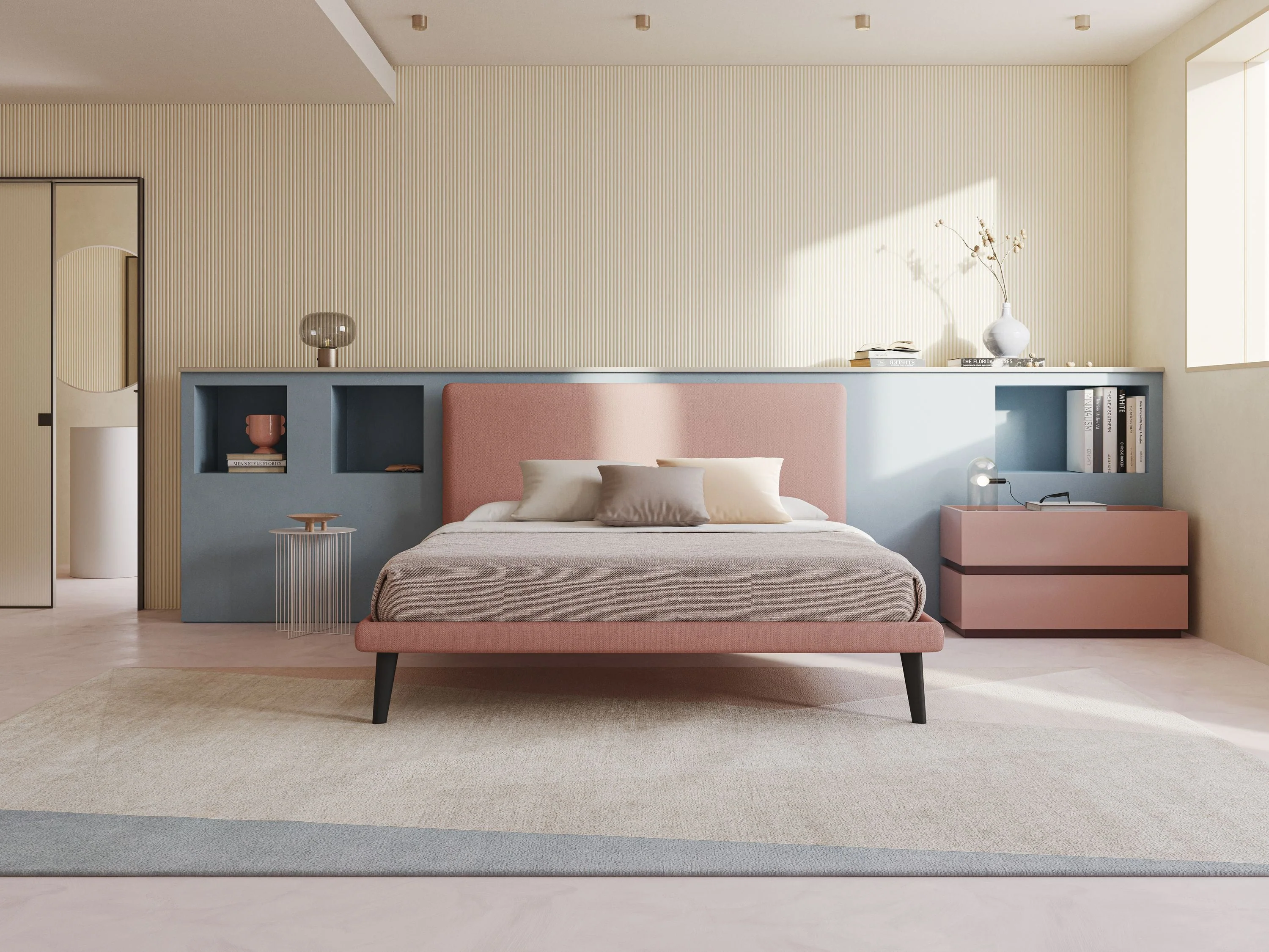 Noel lit minimaliste scandinave avec pieds foncés et tissu flammé imperméable T19 saumon - Image 2