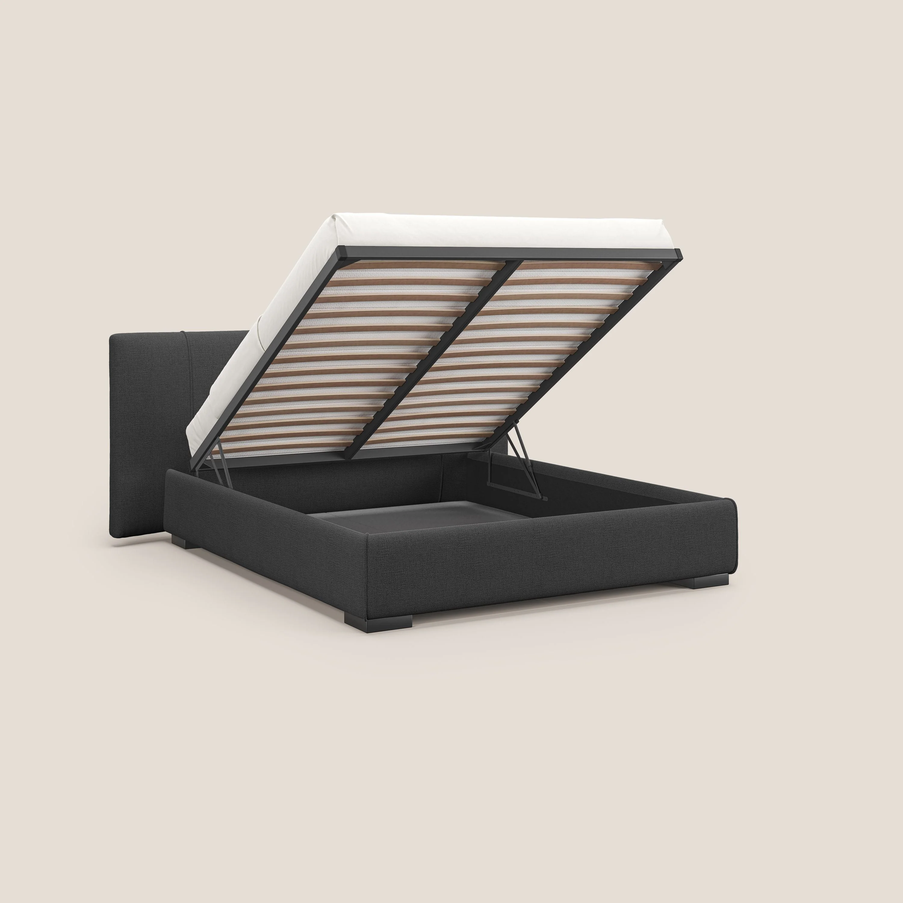 Omero lit avec coffre rembourré déhoussable en tissu flammé imperméable T14 anthracite - Image 2