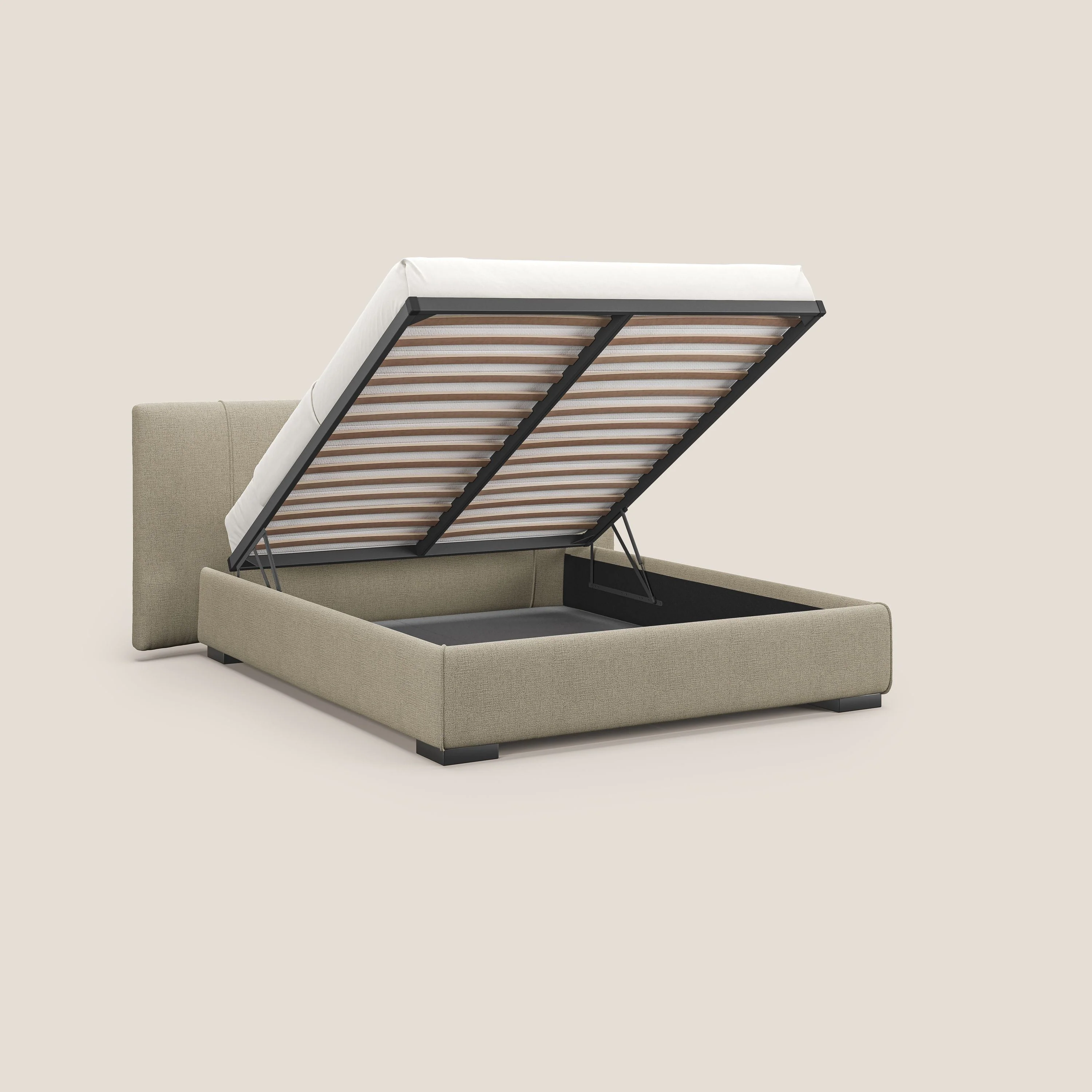 Omero lit avec coffre rembourré déhoussable en tissu flammé imperméable T14 beige - Image 2