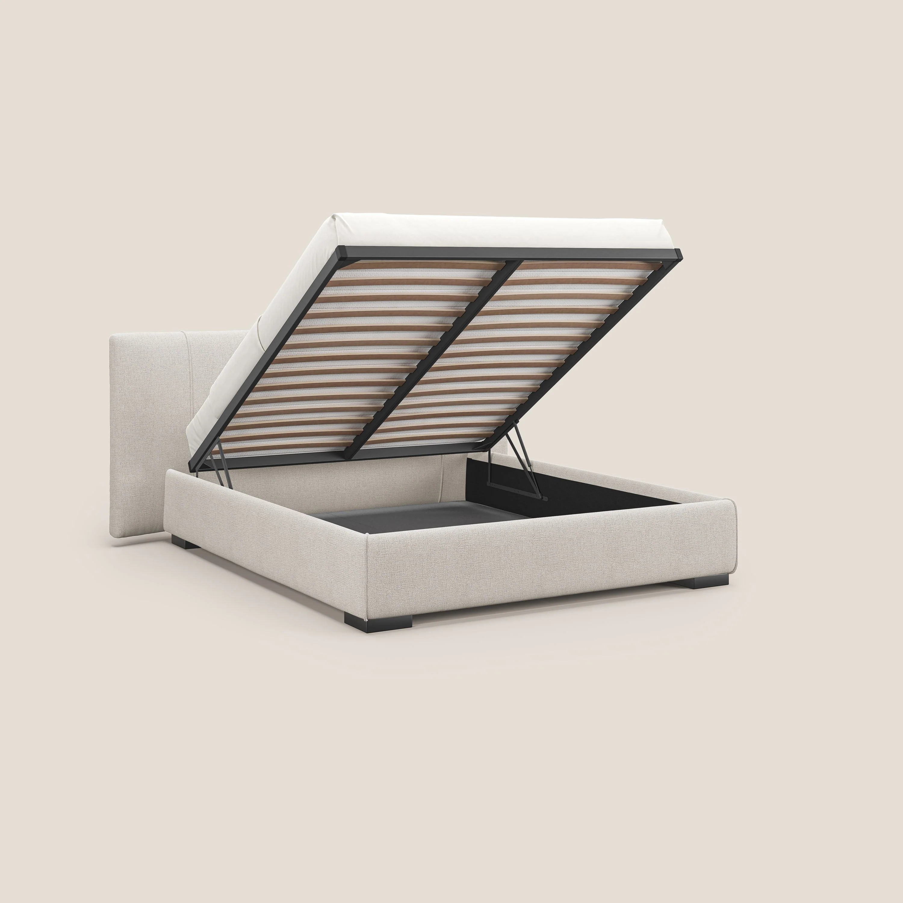 Omero lit avec coffre rembourré déhoussable en tissu flammé imperméable T14 crème - Image 2