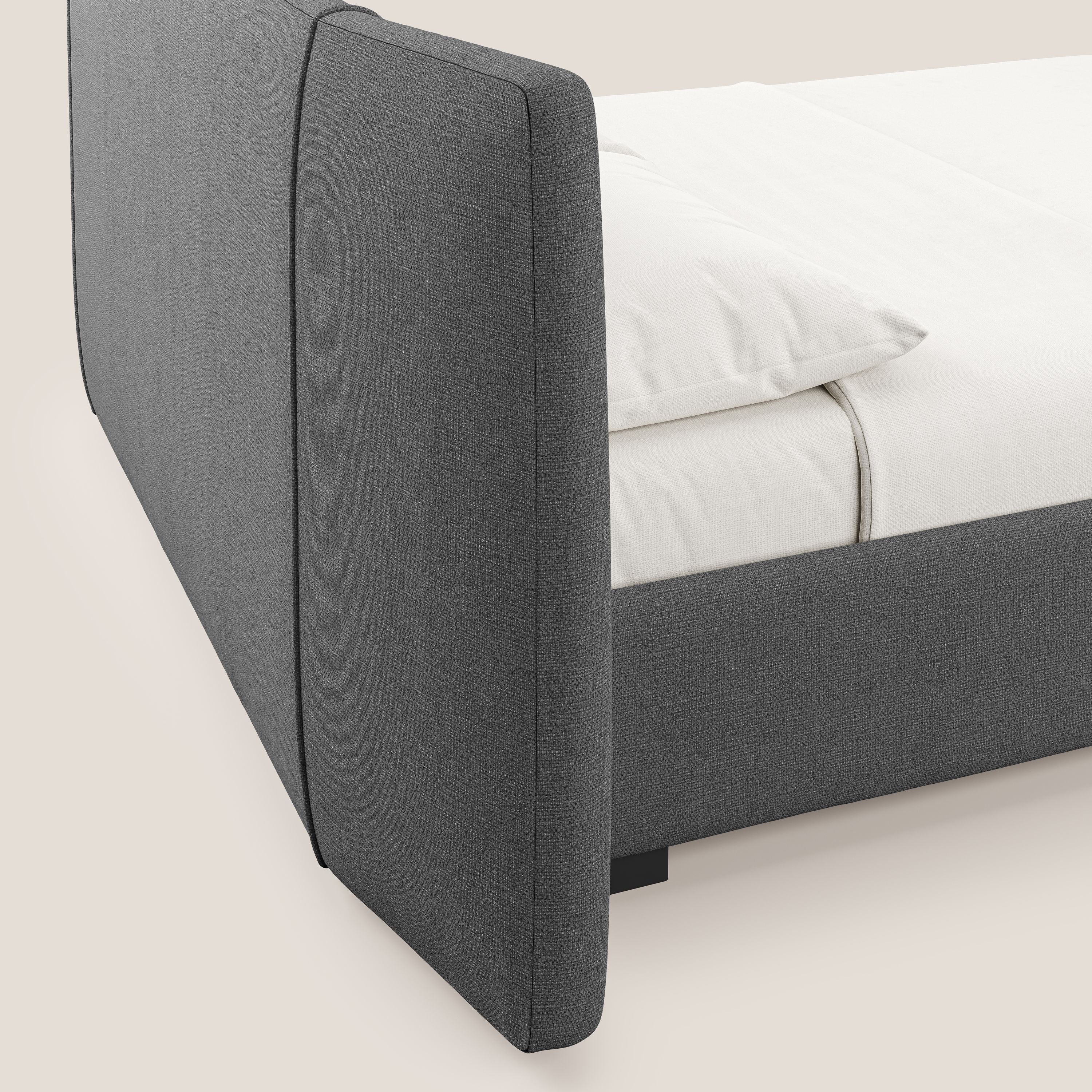 Omero lit avec coffre rembourré déhoussable en tissu flammé imperméable T14 gris - Image 4