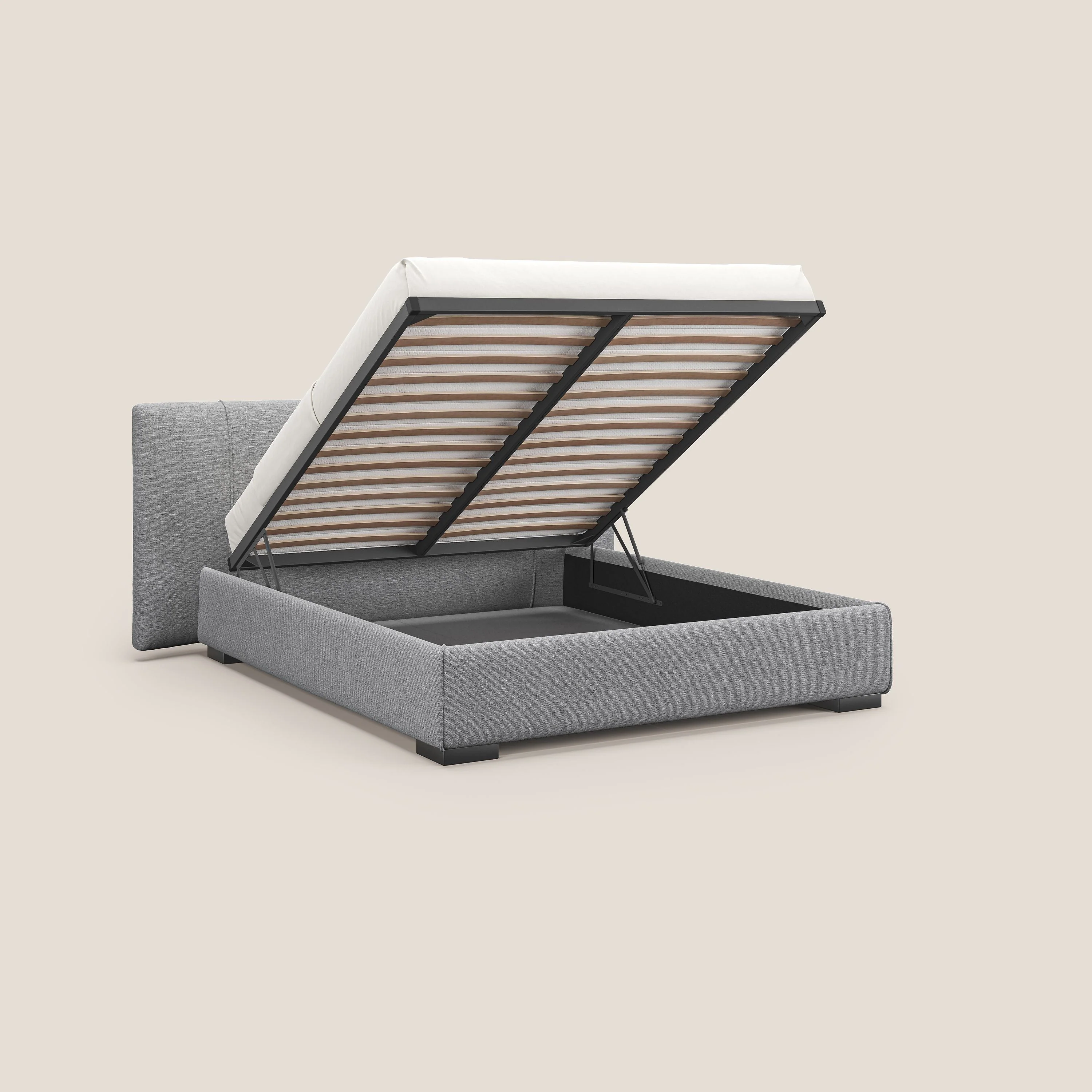 Omero lit avec coffre rembourré déhoussable en tissu flammé imperméable T14 gris clair - Image 2