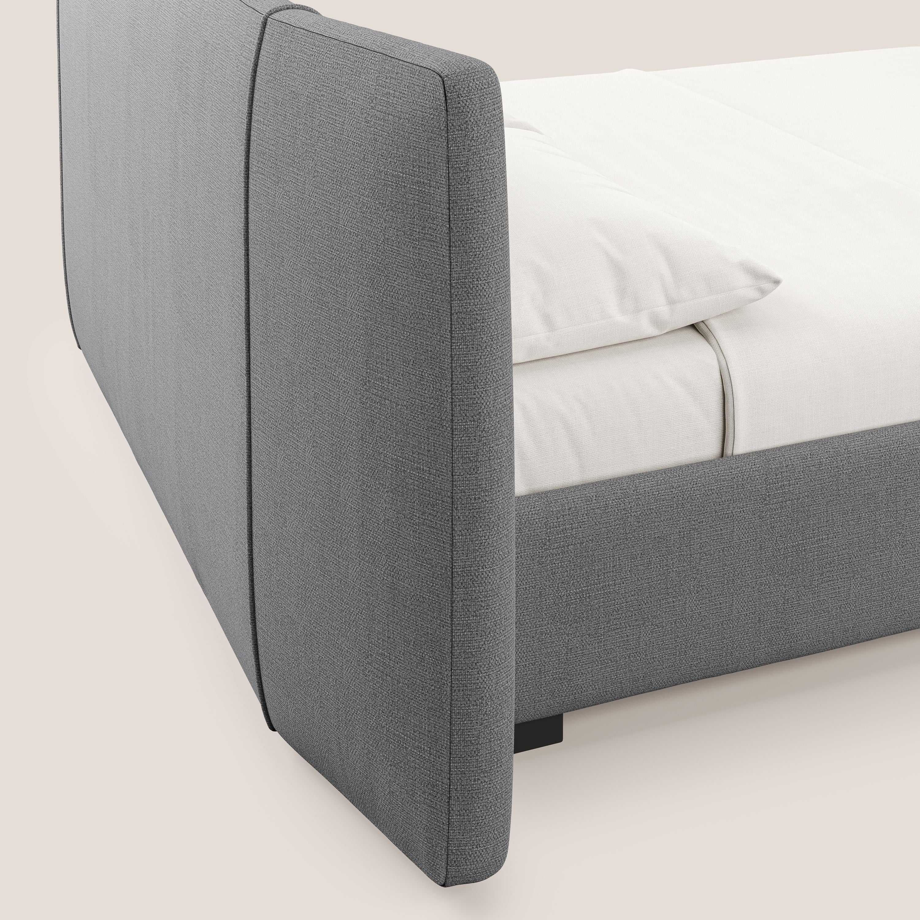 Omero lit avec coffre rembourré déhoussable en tissu flammé imperméable T14 gris clair - Image 4