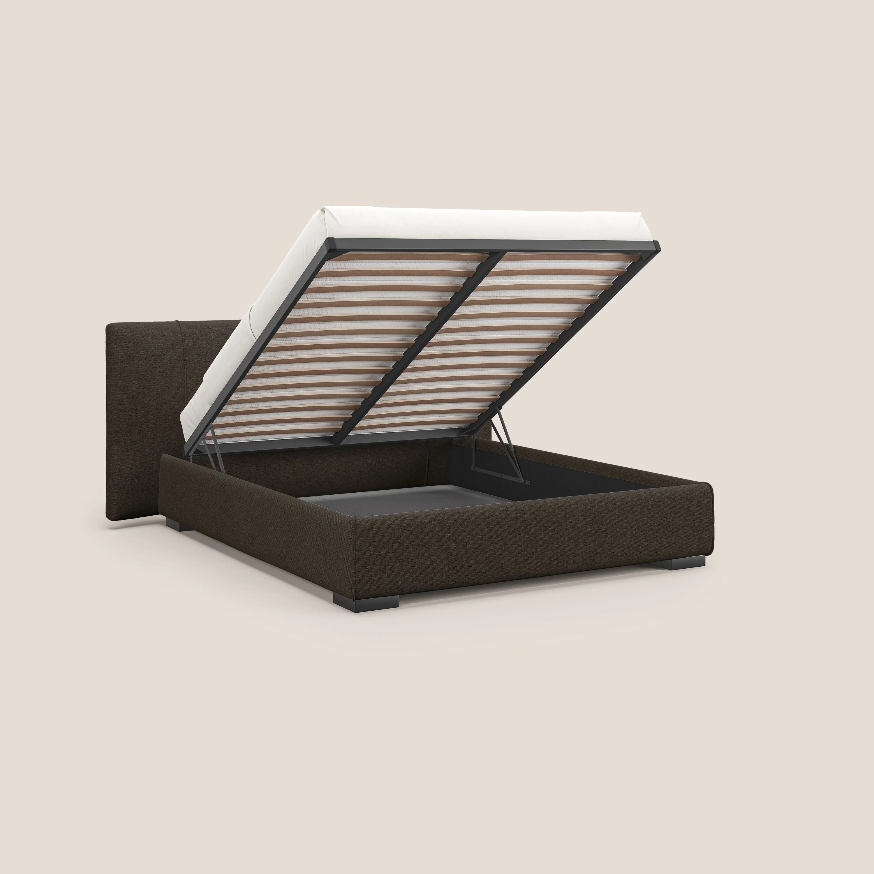 Omero lit avec coffre rembourré déhoussable en tissu flammé imperméable T14 marron - Image 2