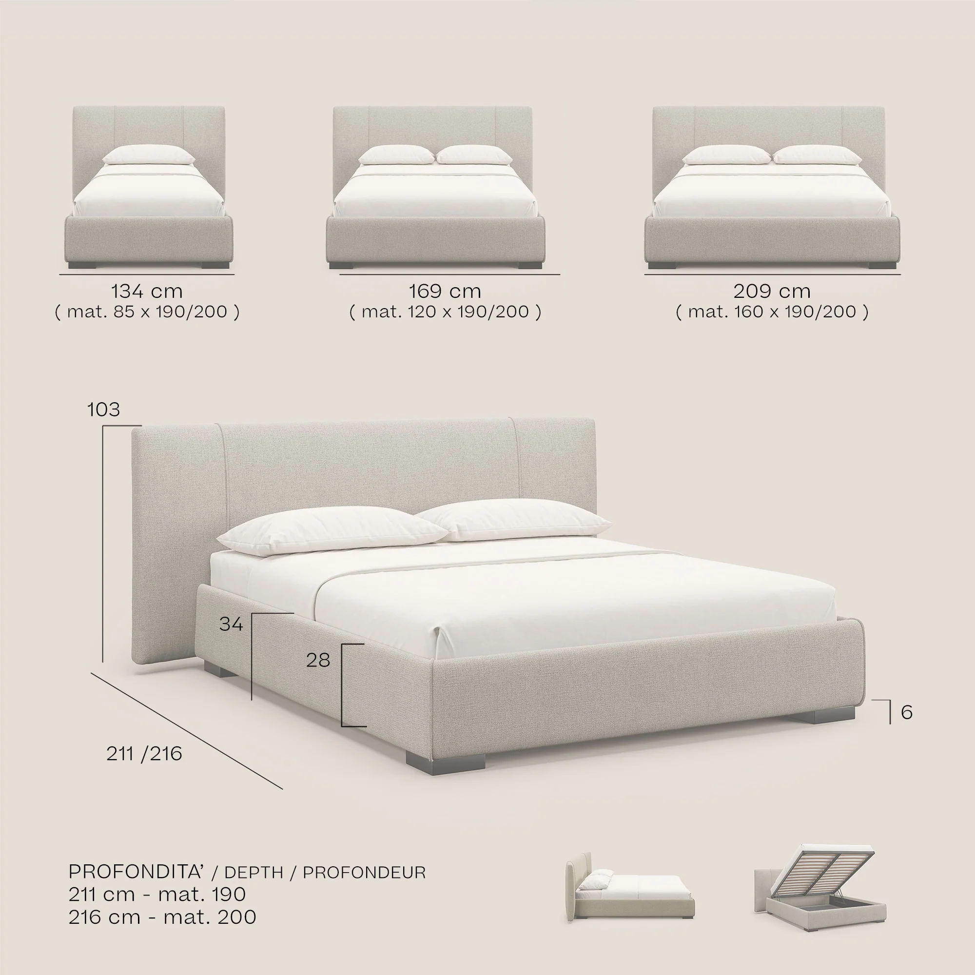 Omero lit avec coffre rembourré déhoussable en tissu flammé imperméable T14 sucre glace - Image 9