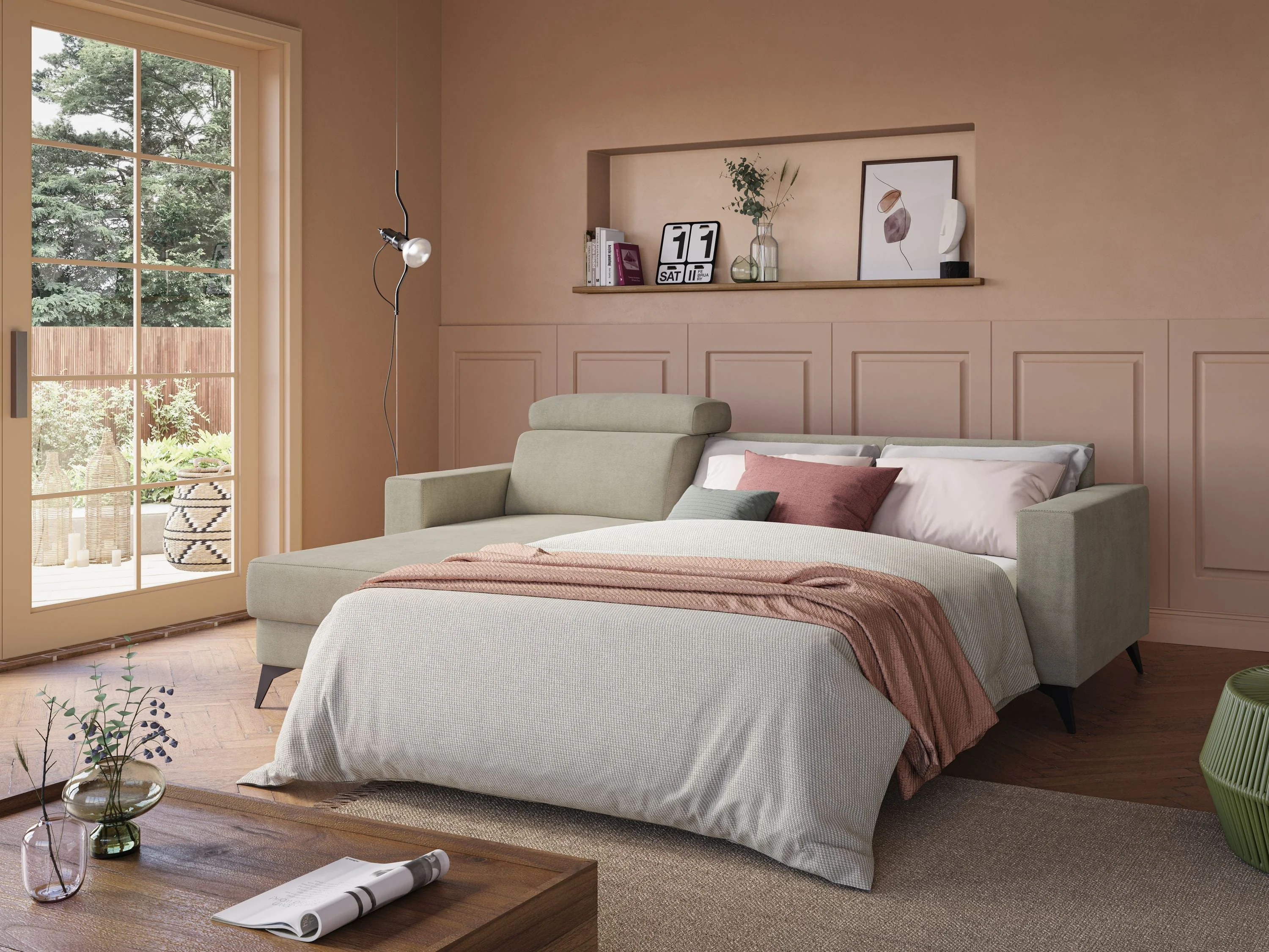 Pegaso canapé convertible d'angle avec têtières inclinables en tissu doux imperméable T02 crème - Image 2