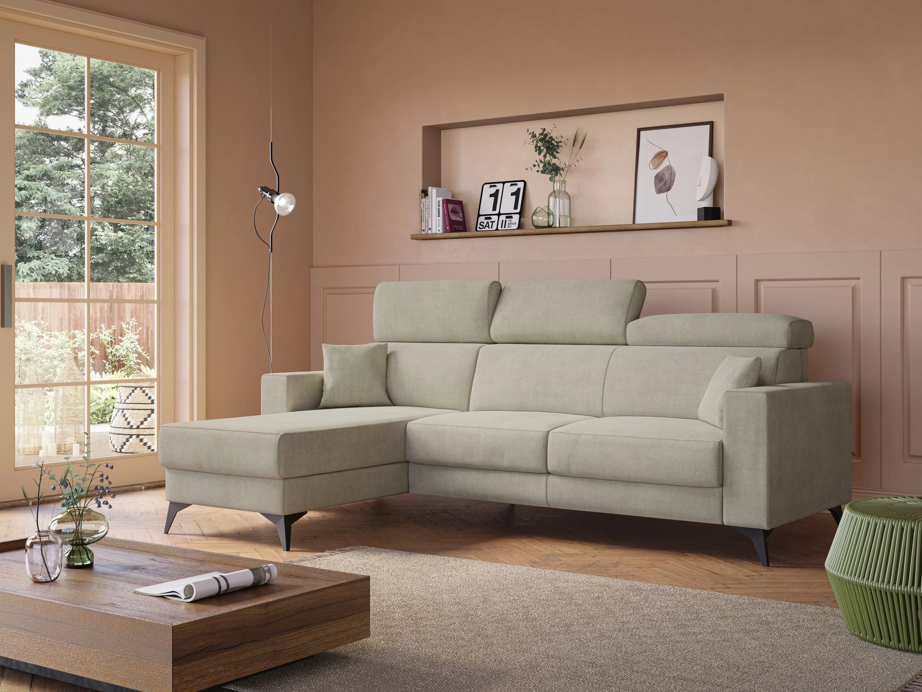 Pegaso canapé convertible d'angle avec têtières inclinables en tissu doux imperméable T02 crème - Image 3