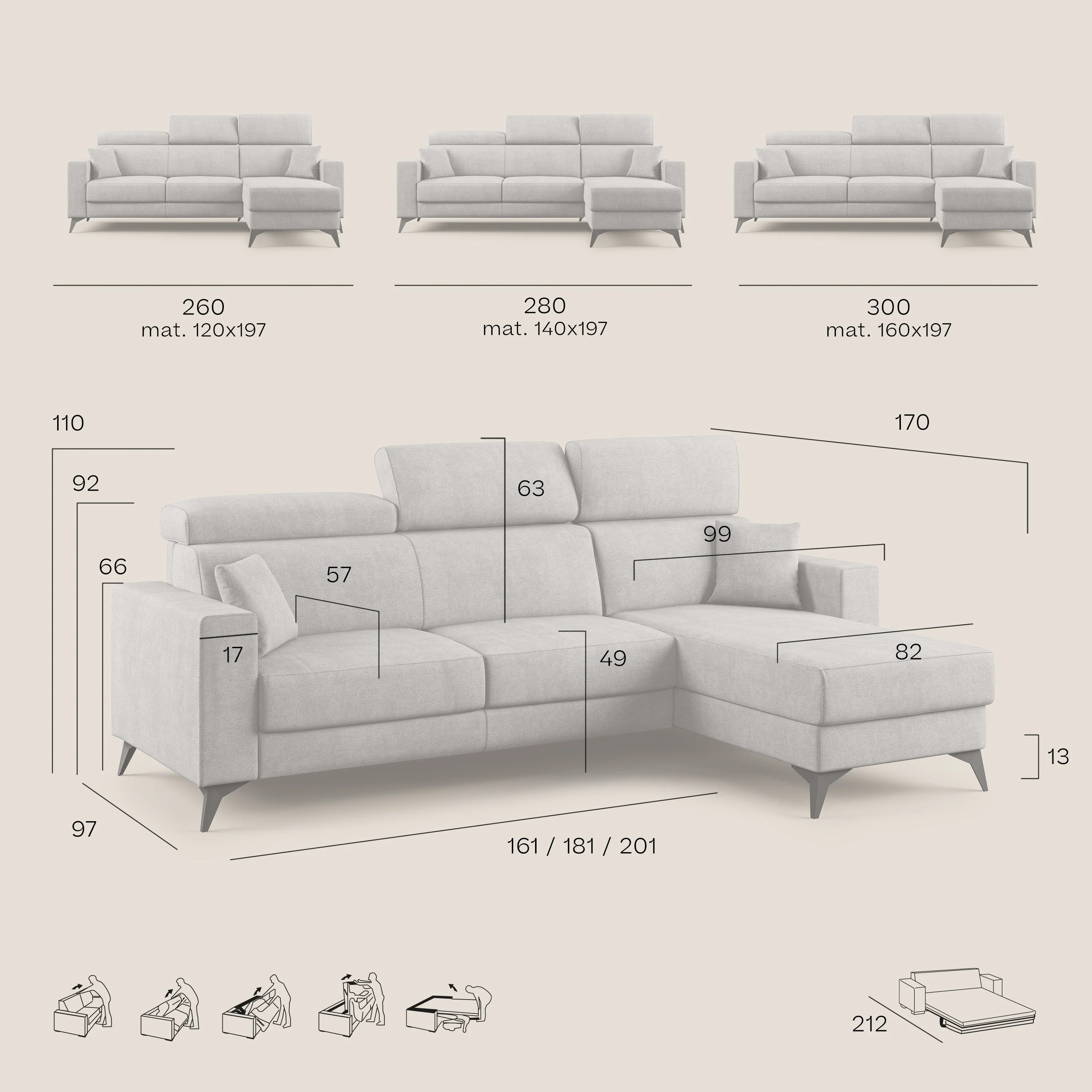Pegaso canapé convertible d'angle avec têtières inclinables en tissu doux imperméable T02 gris clair - Image 11