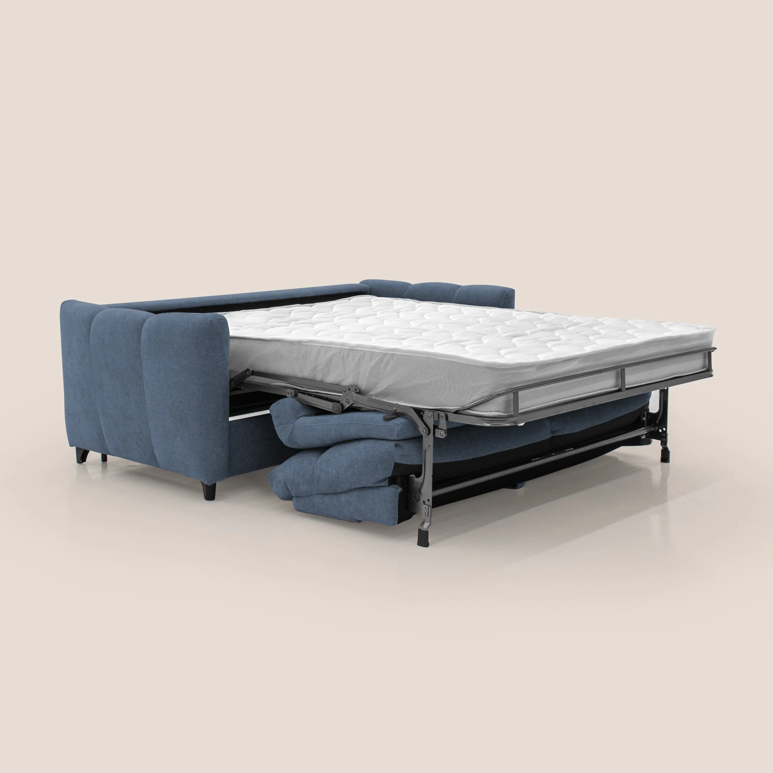 Peonia canapé convertible scandinave avec matelas H 18cm et dossier haut en bouclette imperméable T07 bleu - Image 2
