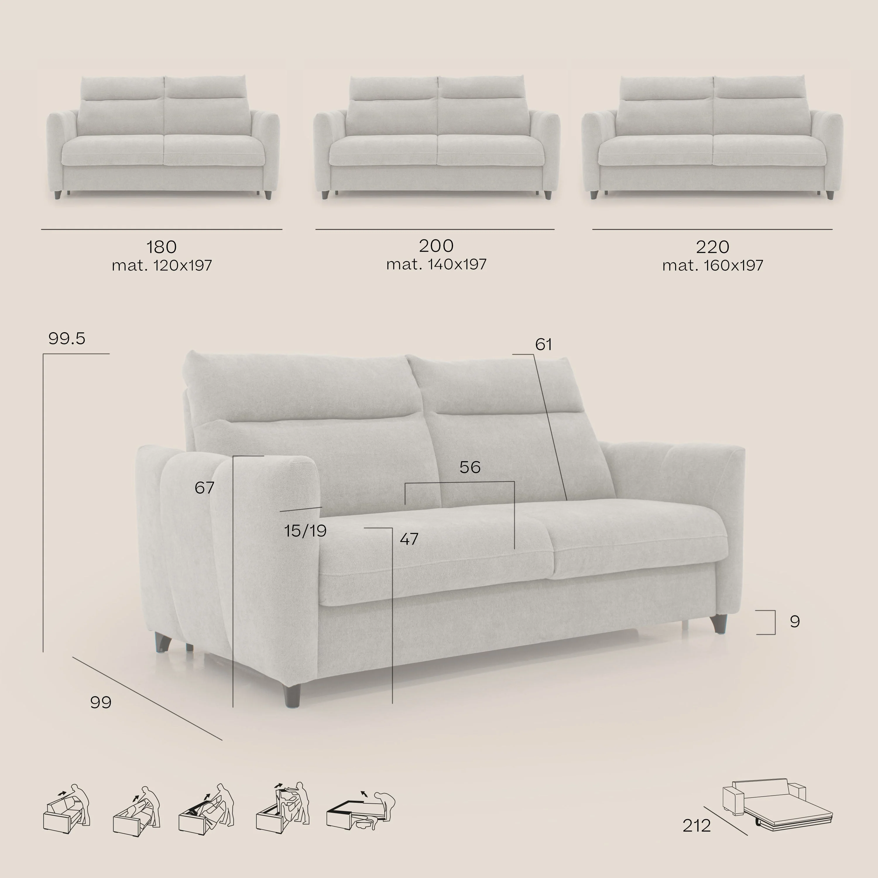 Peonia canapé convertible scandinave avec matelas H 18cm et dossier haut en bouclette imperméable T07 rose - Image 11