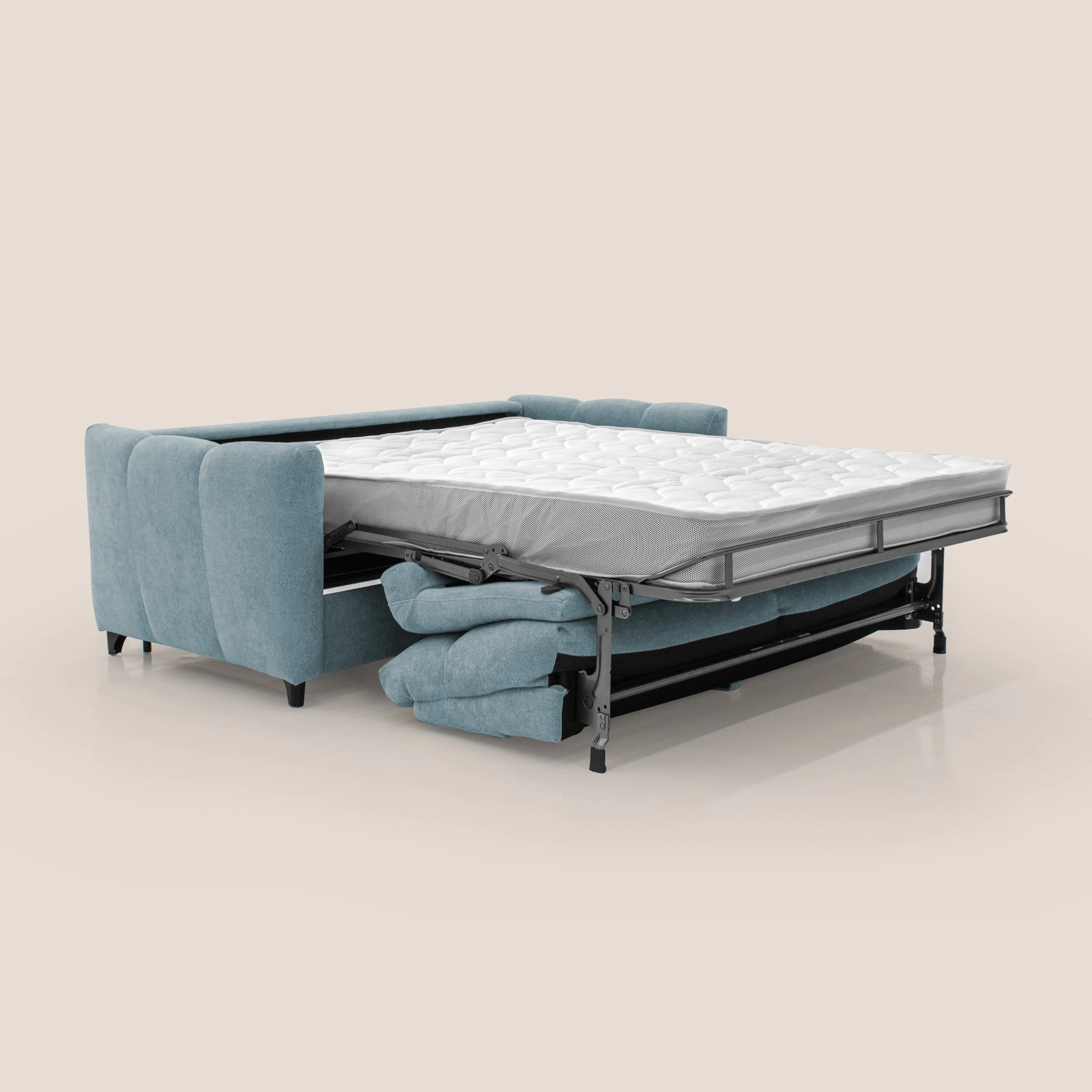Peonia canapé convertible scandinave avec matelas H 18cm et dossier haut en bouclette imperméable T07 sucre glace - Image 2