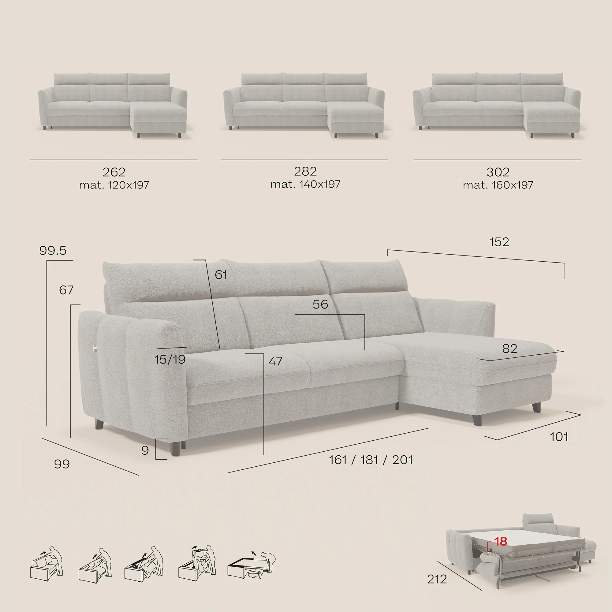 Peonia canapé d'angle convertible avec matelas H18 et chaise longue coffre en bouclette imperméable T07 bleu - Image 14