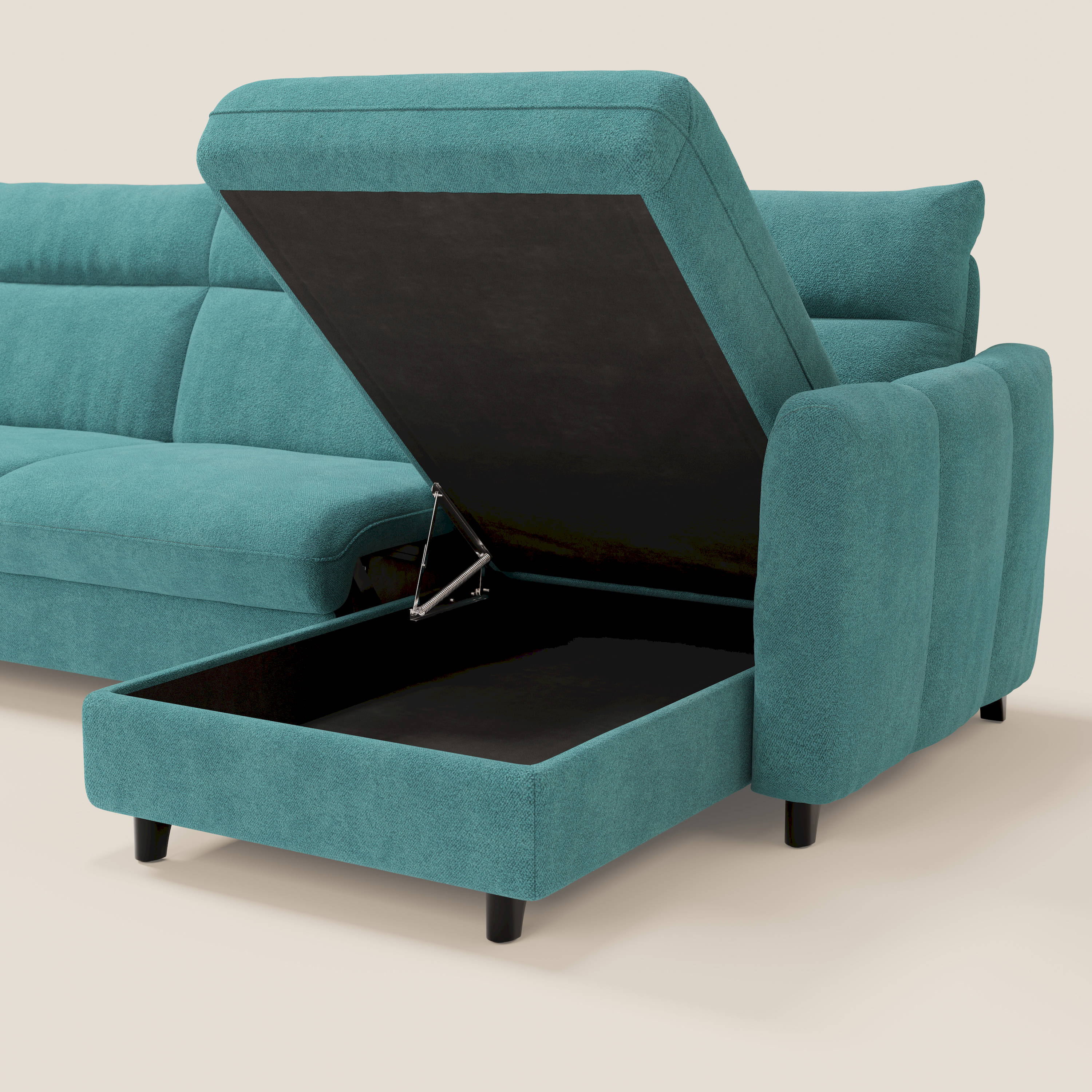 Peonia canapé d'angle convertible avec matelas H18 et chaise longue coffre en bouclette imperméable T07 bleu ciel - Image 5