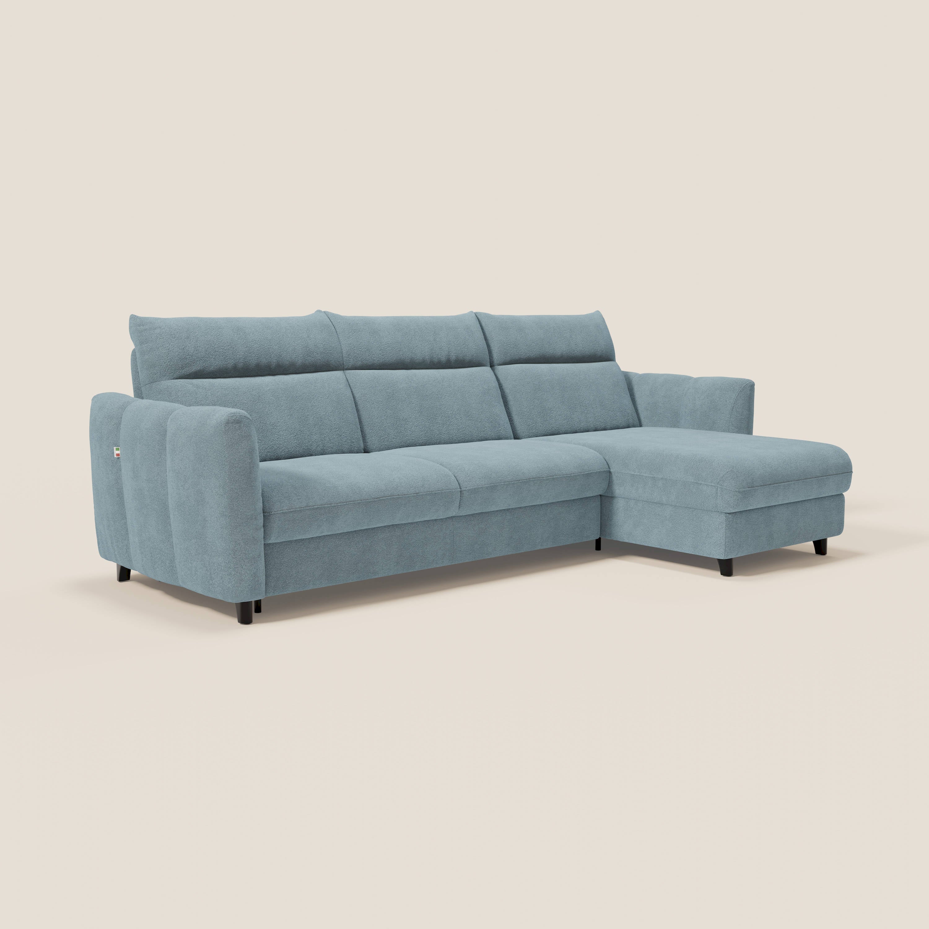 Peonia canapé d'angle convertible avec matelas H18 et chaise longue coffre en bouclette imperméable T07 bleu pastel - Image 3
