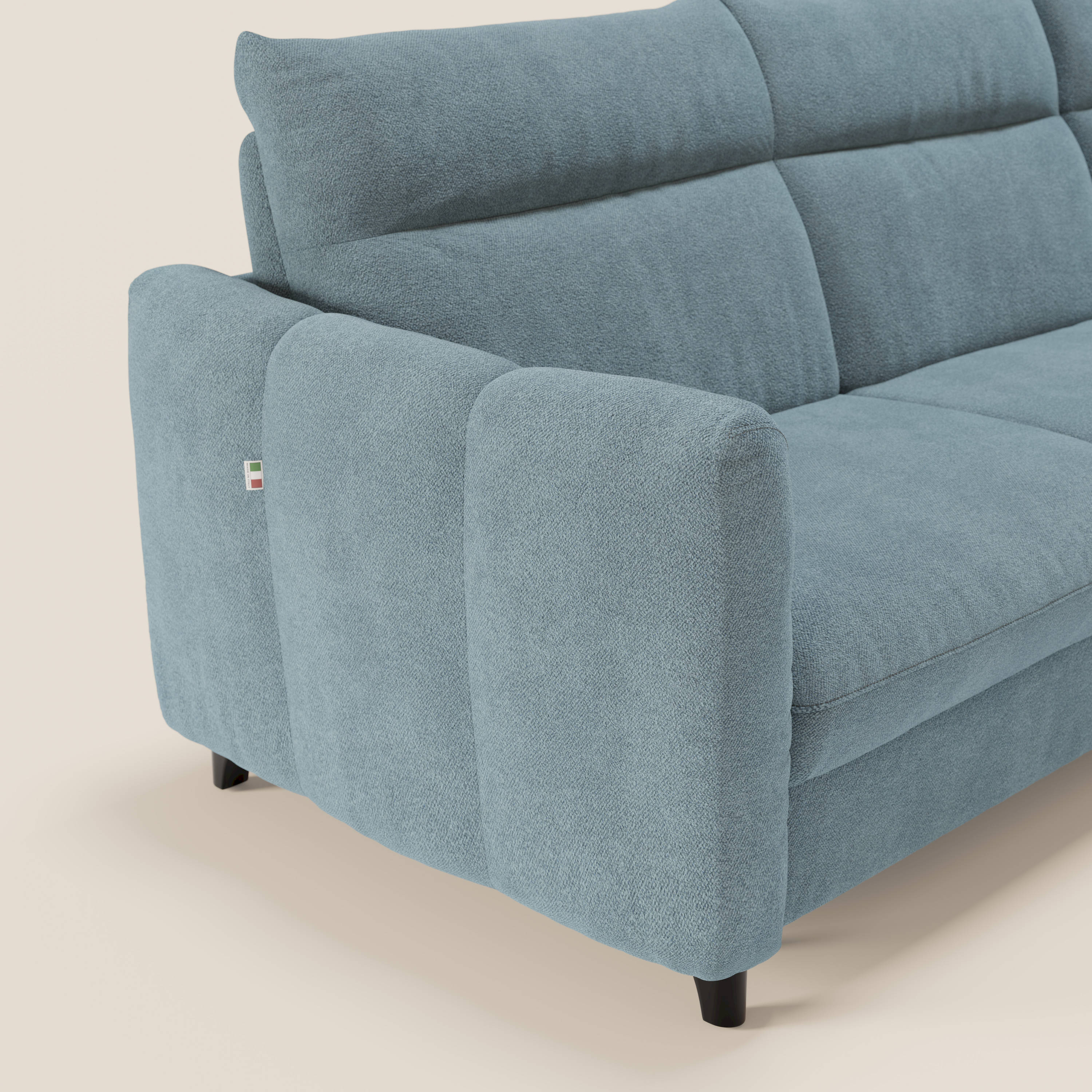 Peonia canapé d'angle convertible avec matelas H18 et chaise longue coffre en bouclette imperméable T07 bleu pastel - Image 4