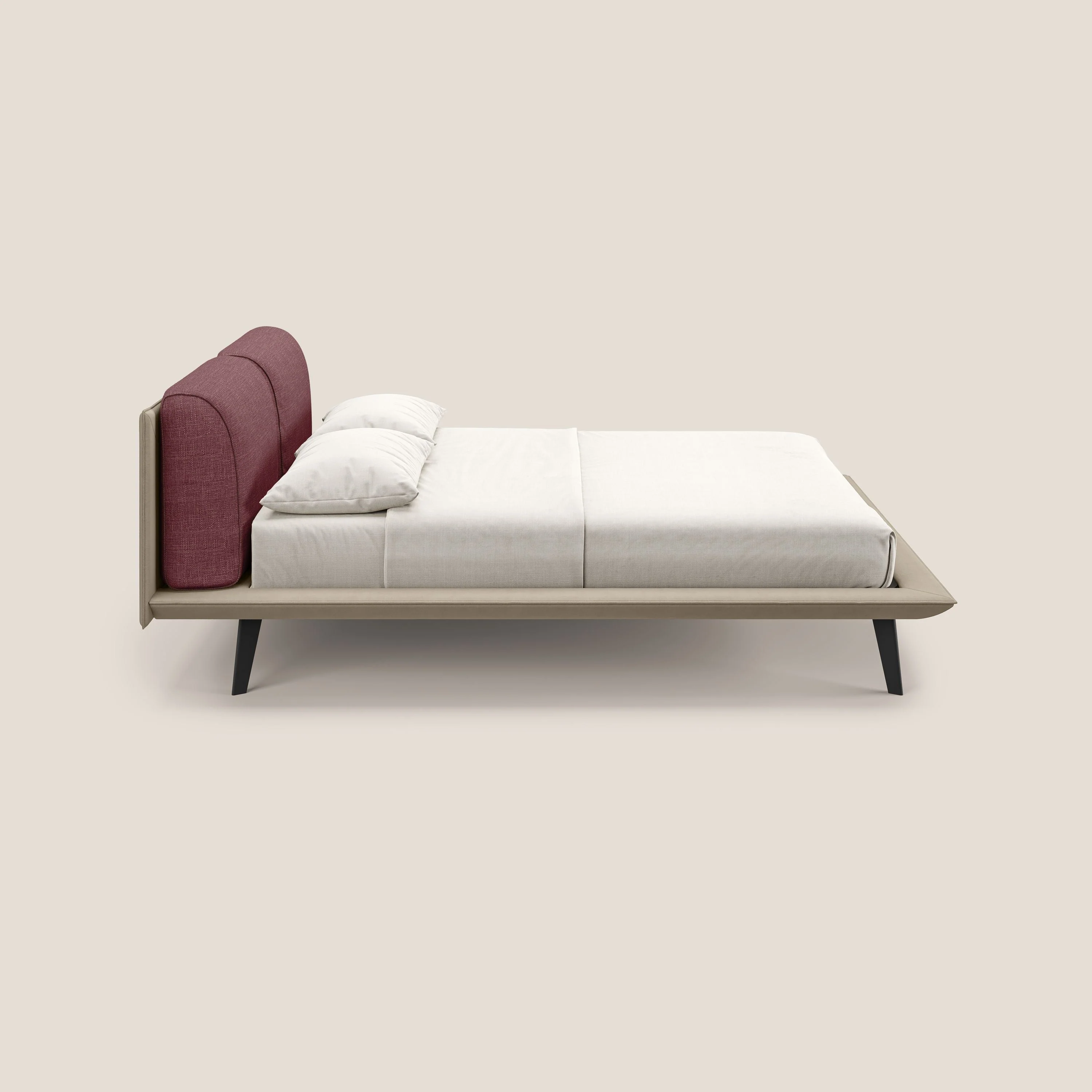 Petra lit design bicolore  avec coussins en plumes, pieds foncés et tissu imperméable T11 et T06 taupe - rouge - Image 3
