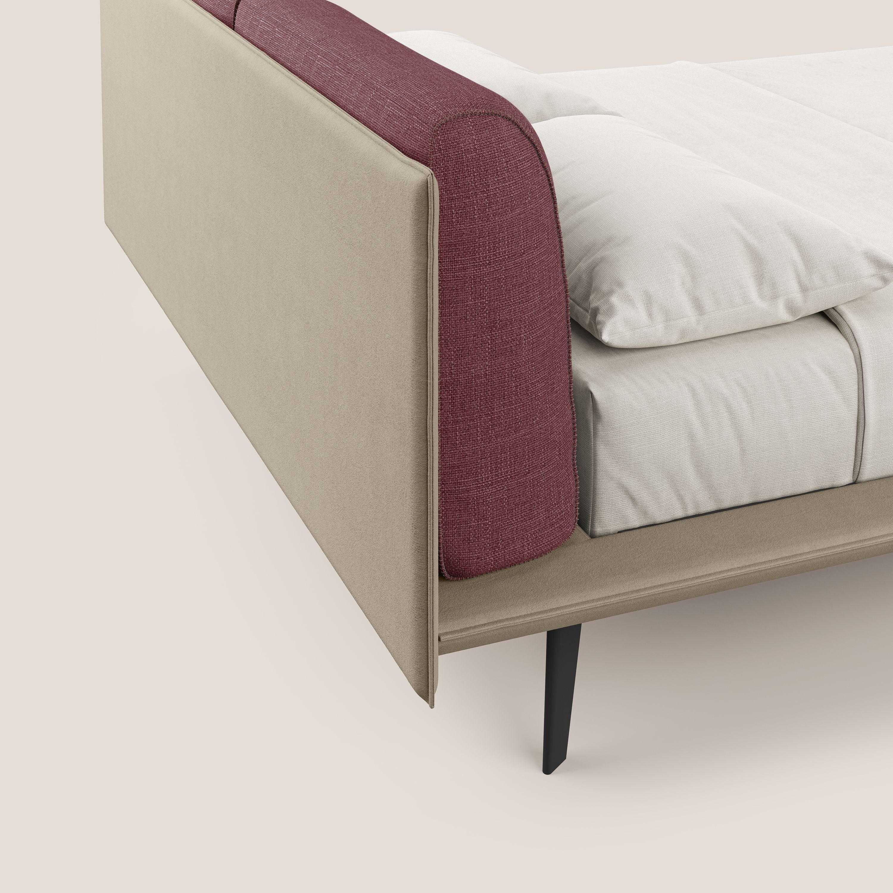 Petra lit design bicolore  avec coussins en plumes, pieds foncés et tissu imperméable T11 et T06 taupe - rouge - Image 6