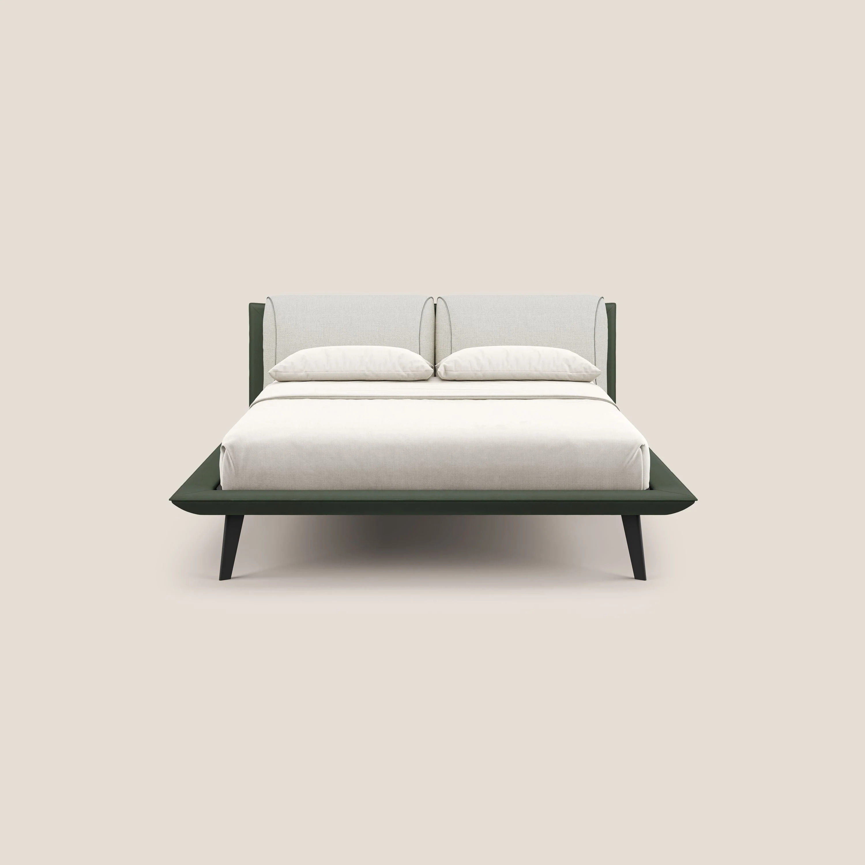 Petra lit design bicolore  avec coussins en plumes, pieds foncés et tissu imperméable T11 et T 06 vert - crème - Image 2
