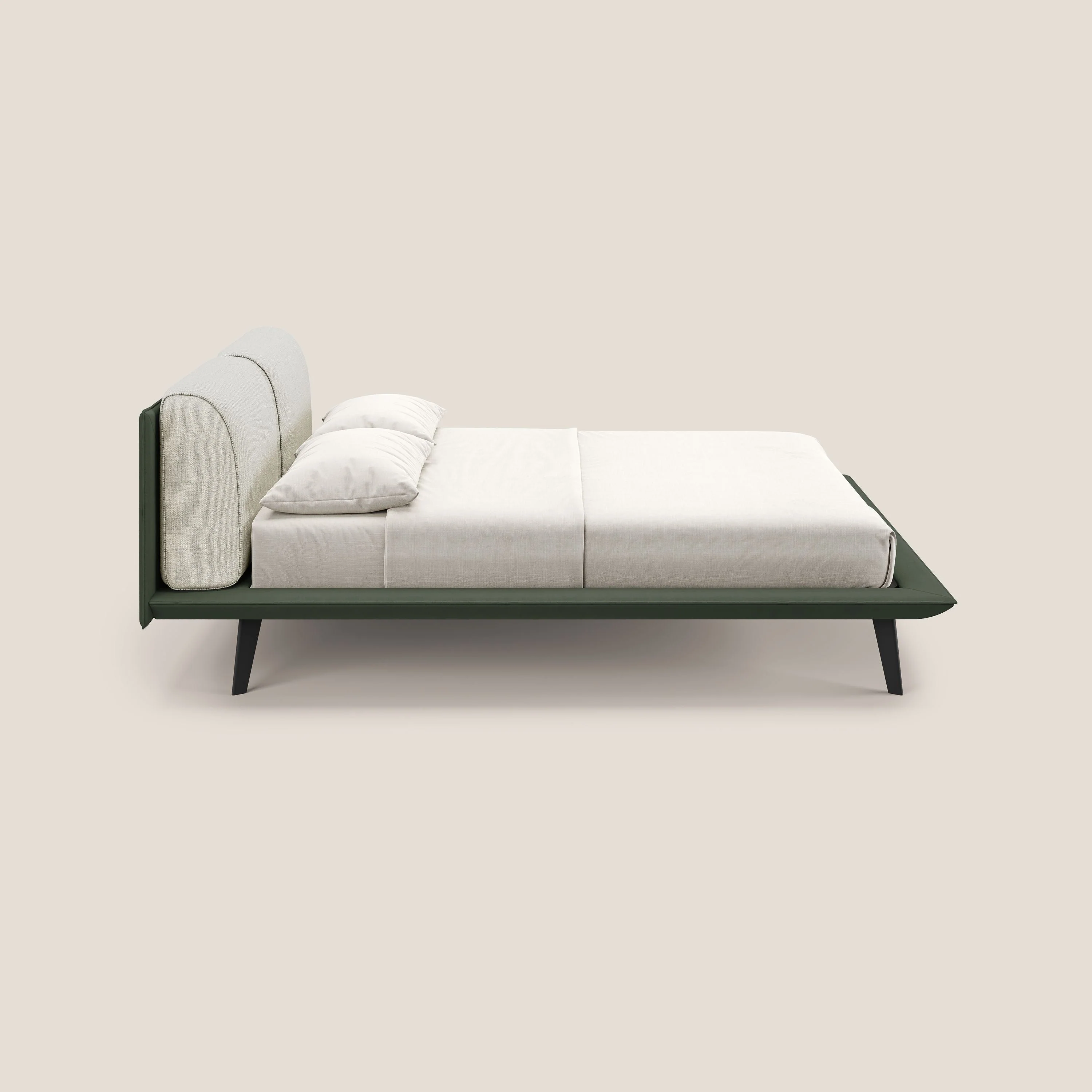 Petra lit design bicolore  avec coussins en plumes, pieds foncés et tissu imperméable T11 et T 06 vert - crème - Image 3