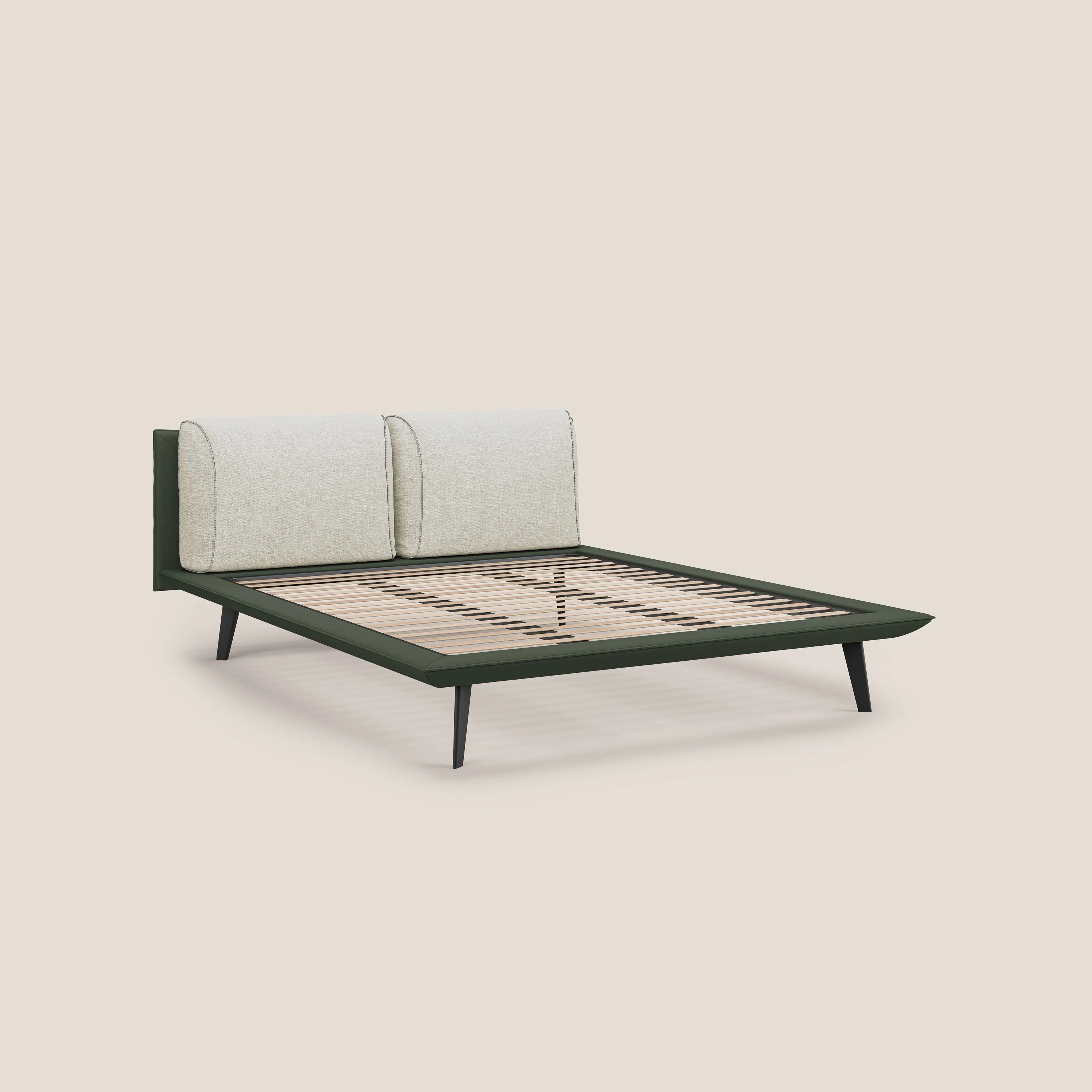 Petra lit design bicolore  avec coussins en plumes, pieds foncés et tissu imperméable T11 et T 06 vert - crème - Image 7