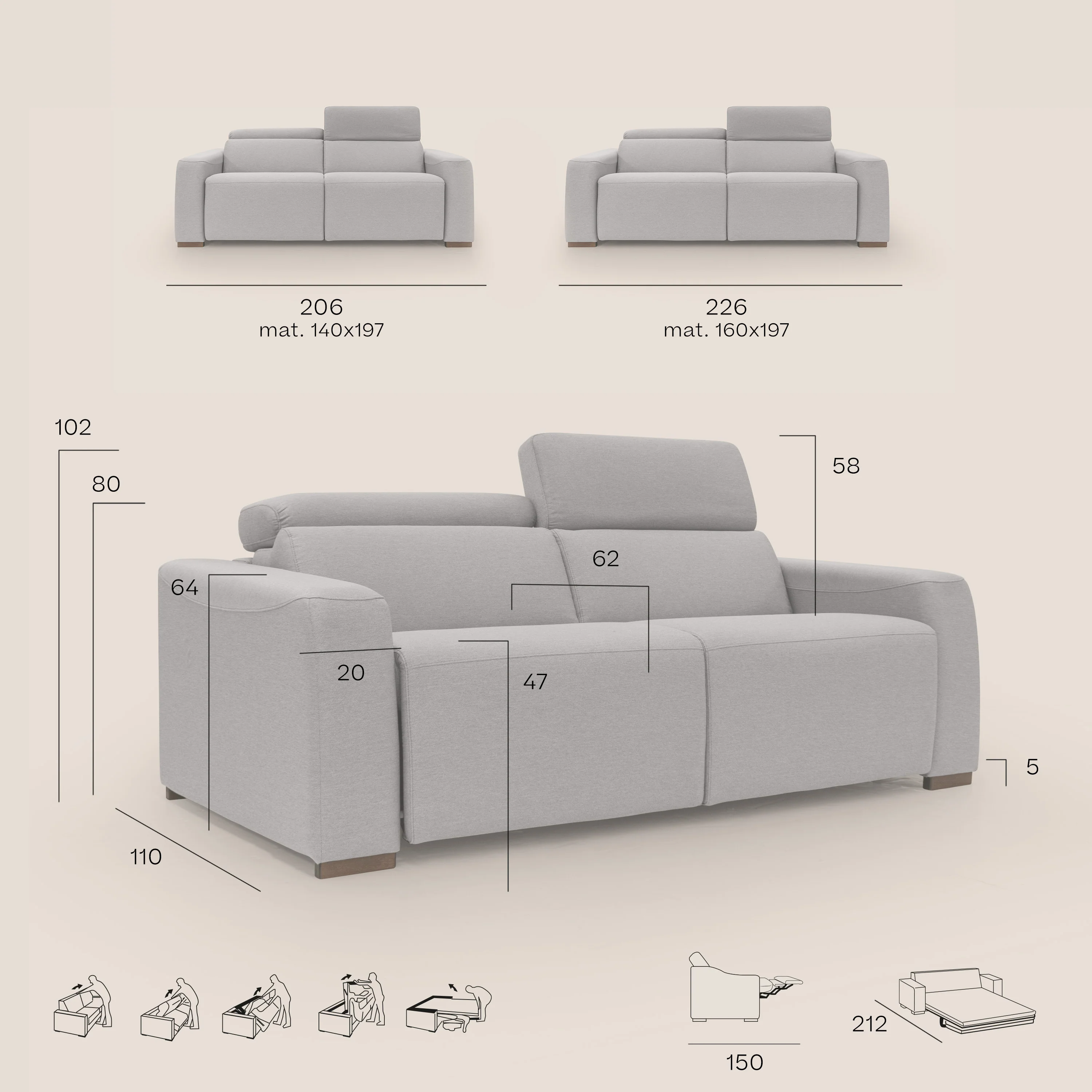 Poseidon canapé lit convertible + RELAX électrique en tissu imperméable détachable T05 gris - Image 15