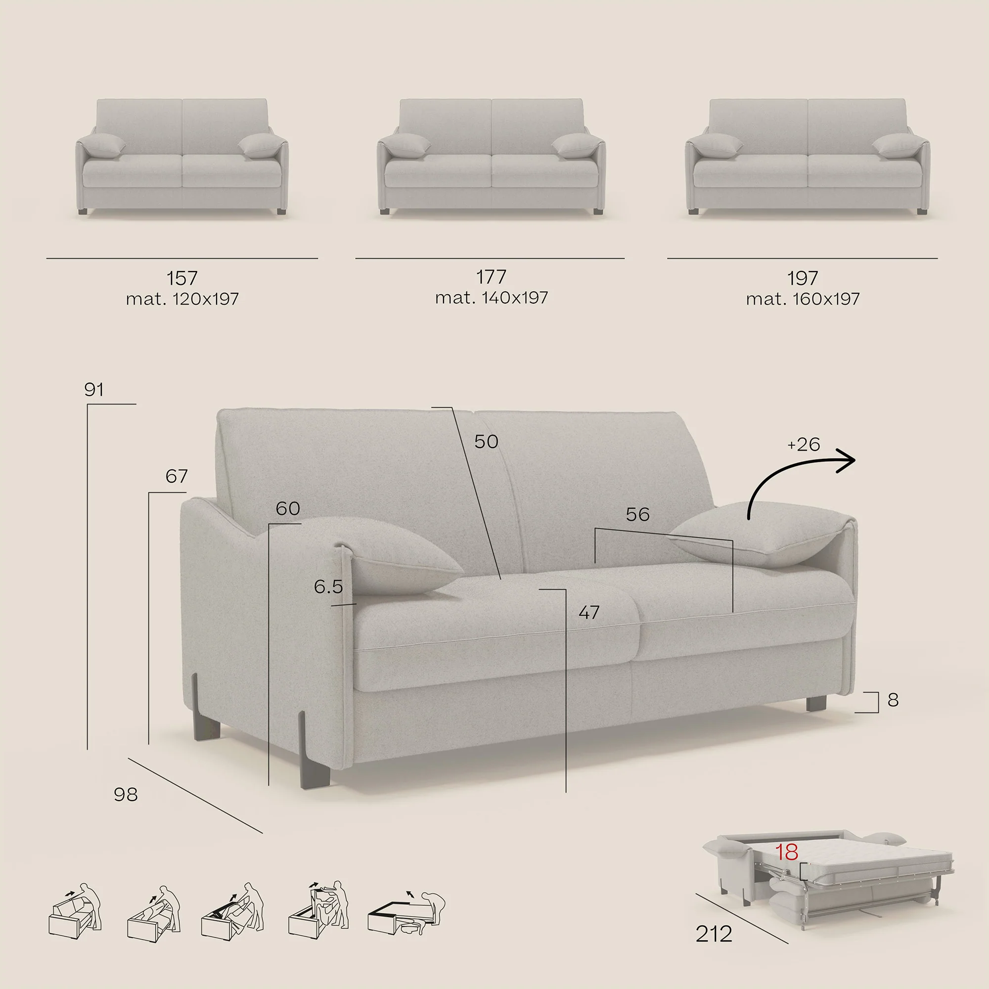 Primula Canapé convertible avec matelas H18 cm en tissu détachable T05 beige - Image 14