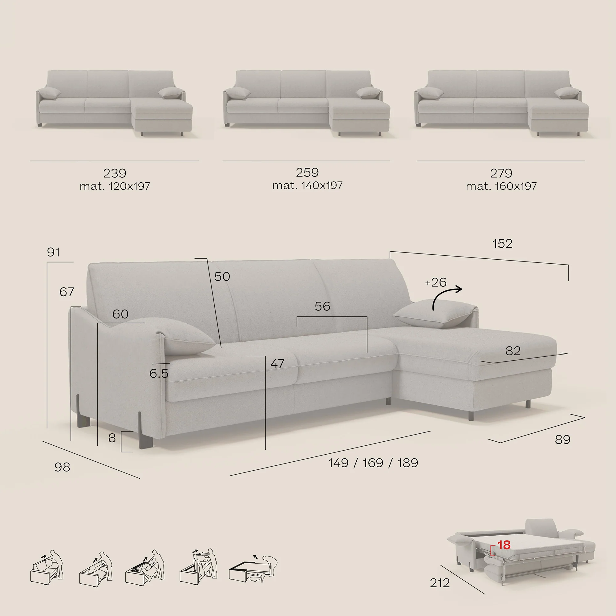 Primula Canapé convertible d'angle avec matelas H18 cm et chaise longue coffre en tissu détachable T05 camel - Image 15
