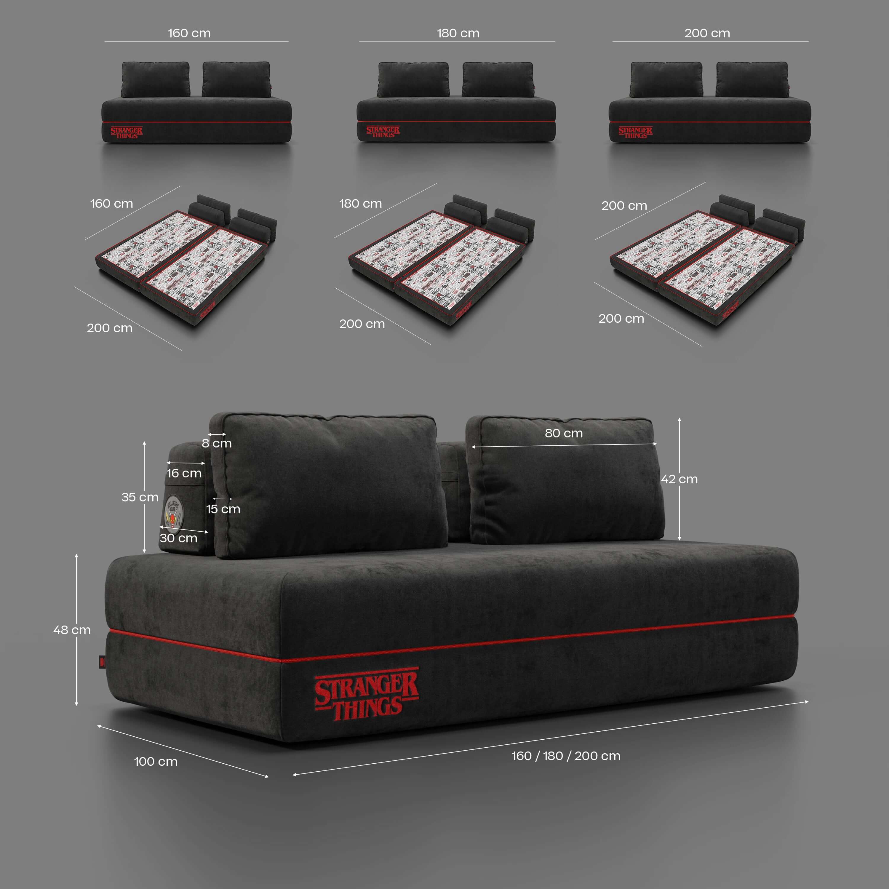 Rift Canapé-lit double Édition STRANGER THINGS 2 places et 3 places avec dossiers amovibles - matelas de 22 cm d'épaisseur en mousse à mémoire de forme en tissu détachable Anthracite - Image 17