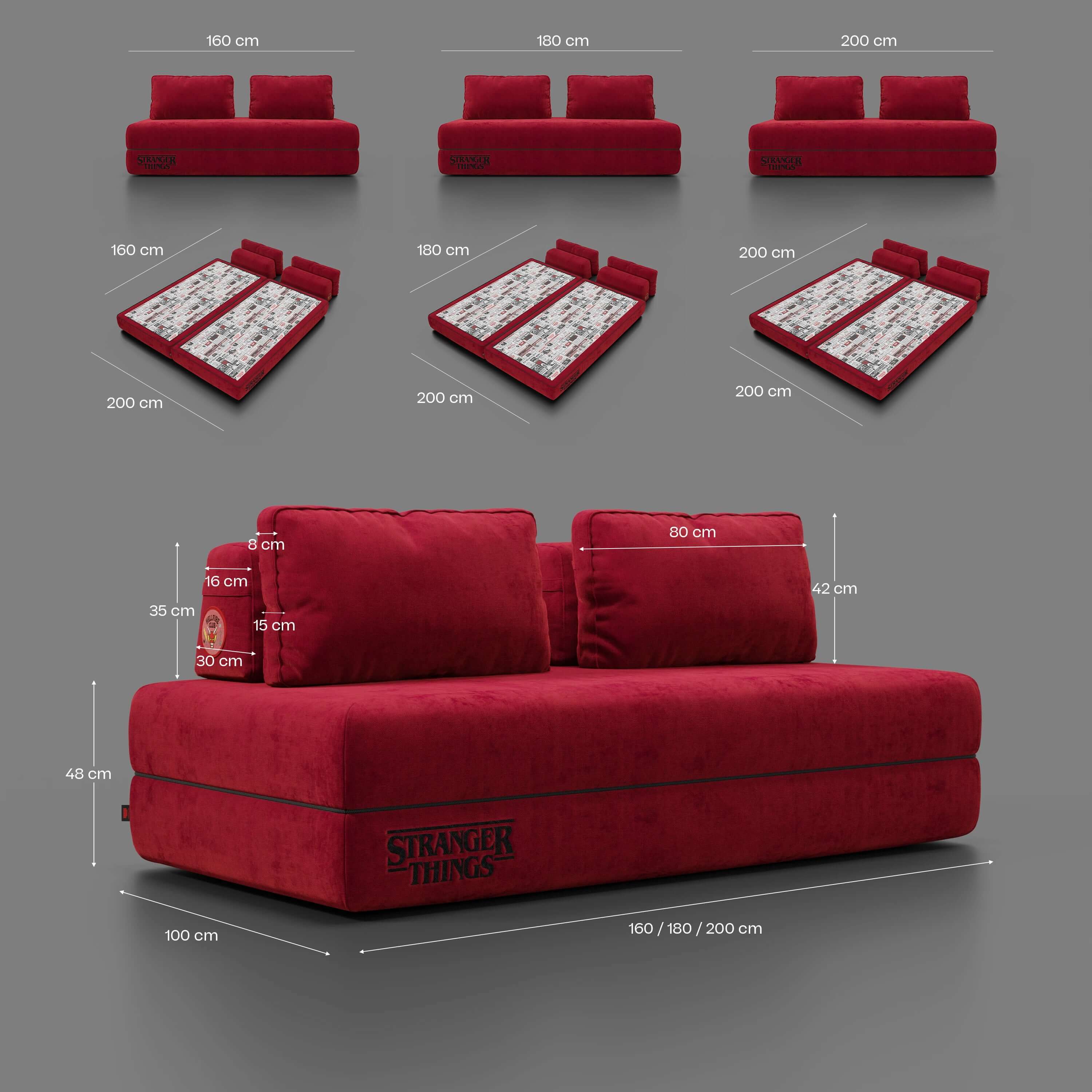 Rift Canapé-lit double Édition STRANGER THINGS 2 places et 3 places avec dossiers amovibles - matelas de 22 cm d'épaisseur en mousse à mémoire de forme en tissu détachable Rouge - Image 17