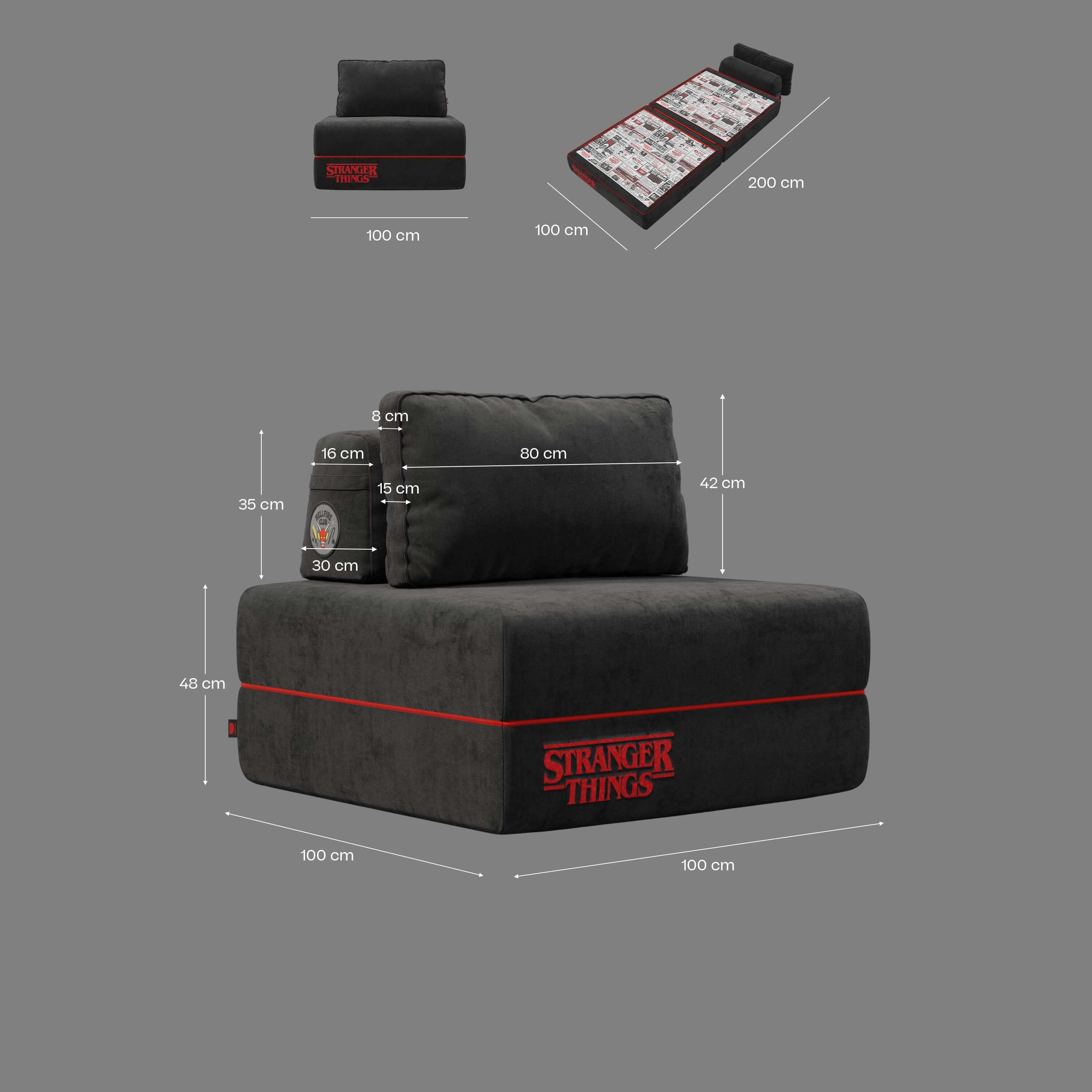 Rift fauteuil-lit Édition STRANGER THINGS avec matelas de 22 cm d'épaisseur et mousse à mémoire de forme - tissu détachable Anthracite - Image 13