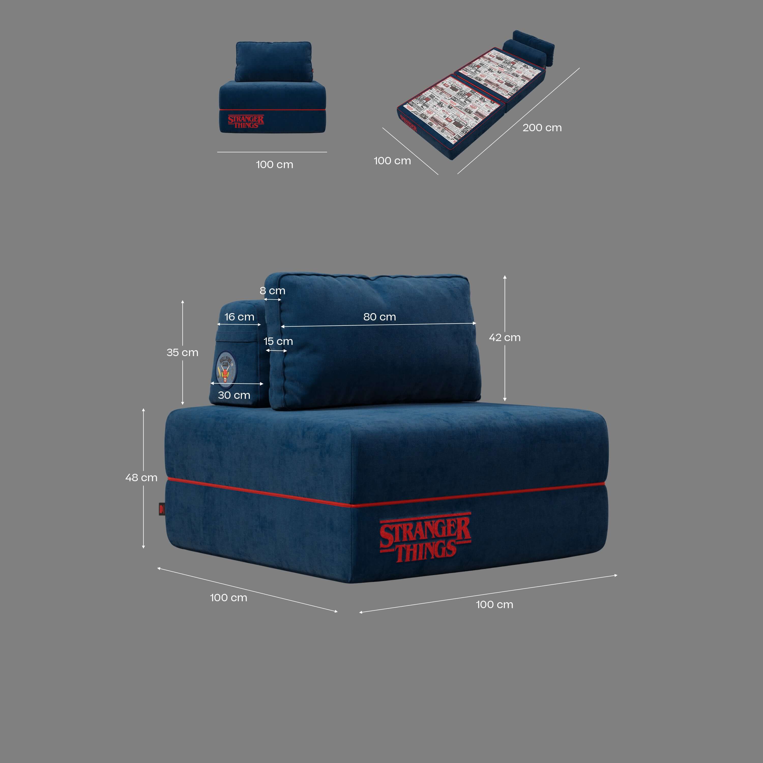 Rift fauteuil-lit Édition STRANGER THINGS avec matelas de 22 cm d'épaisseur et mousse à mémoire de forme - tissu détachable Bleu - Image 13