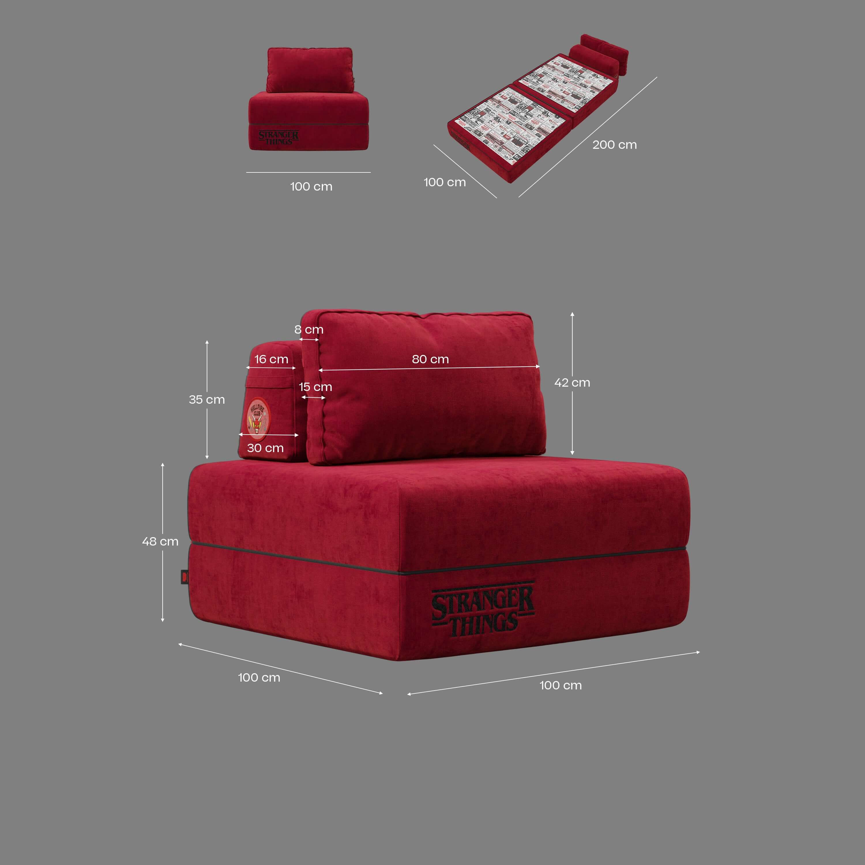 Rift fauteuil-lit Édition STRANGER THINGS avec matelas de 22 cm d'épaisseur et mousse à mémoire de forme - tissu détachable Rouge - Image 13