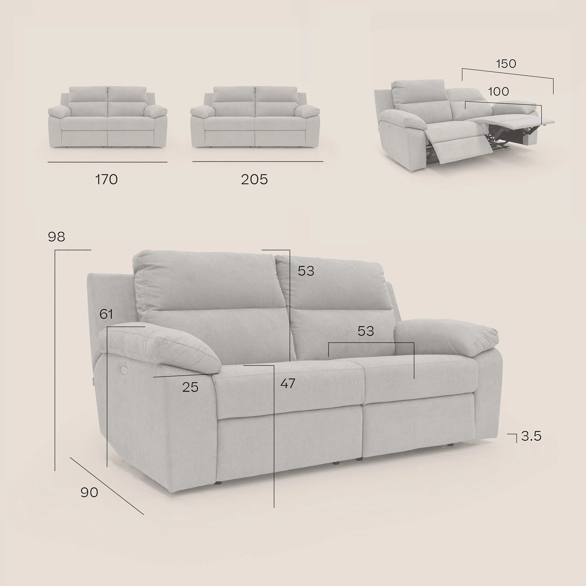 Romeo Canapé avec relax électrique en tissu doux imperméable T02 crème - Image 13