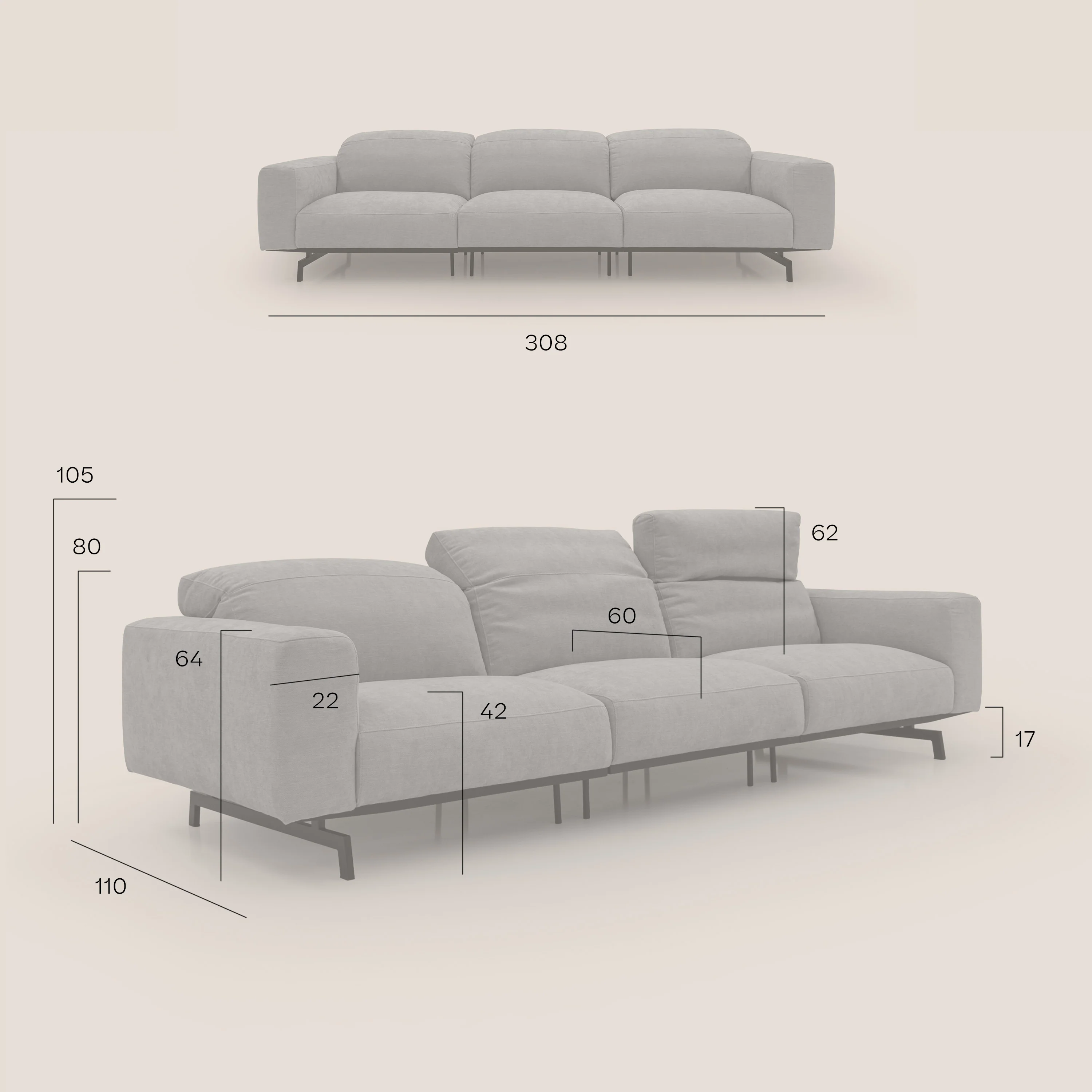 Sakura canapé modulaire 3 places en tissu flammé doux et imperméable T14 Taupe tortora - Image 13
