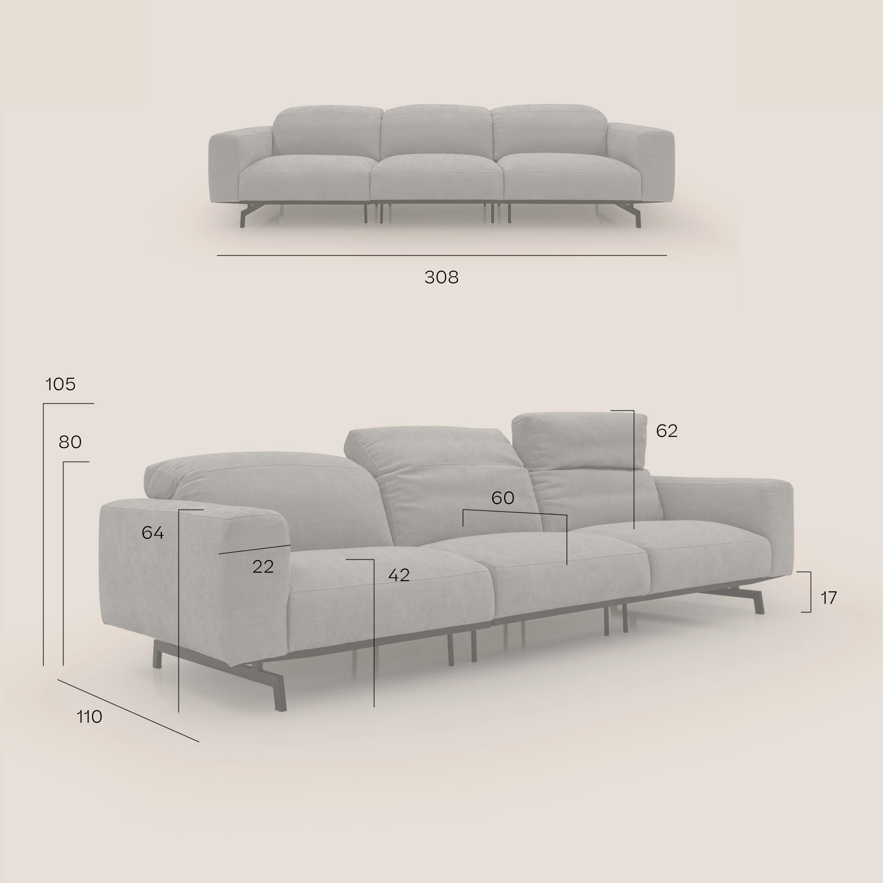 Sakura canapé modulaire 3 places en tissu flammé doux et imperméable T14  gris - Image 13